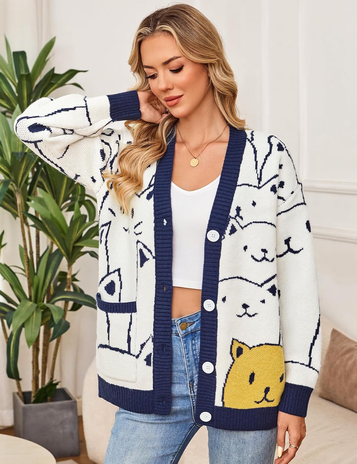 Flygo Cat Sweaters for Women Oversized Chunky Button Down Knit 2025 Fall Cardigan Cute Cartoon Sweater Kawaii Clothes - Image 4