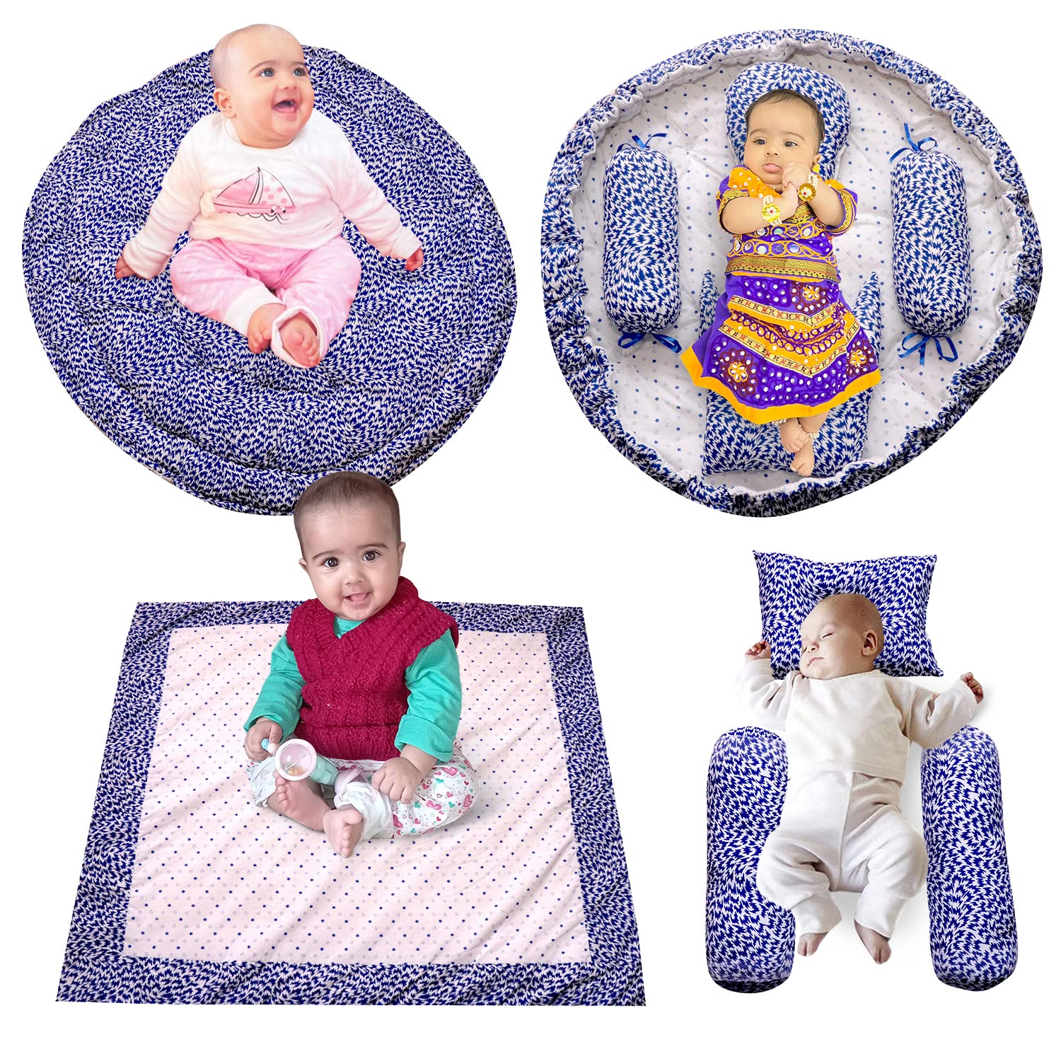 creative textiles New Born Baby Bed & Sleeping Combo 4 Gift Set (Blue Plain Printed)-08