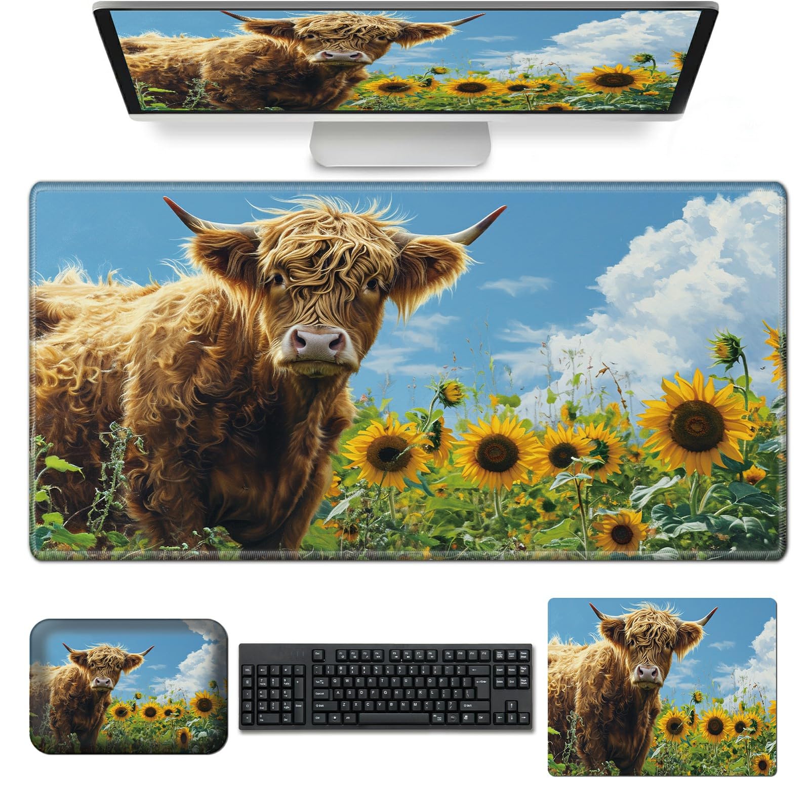 Desk Mat+Mouse Pad+Mouse Wrist Rest,3-in-1 Desk Mat Non-Slip Rubber Base,Ergonomic Computer Desk Mat with Wrist Support for Mouse,Easy Typing&Pain Relief-Sunflower Highland Cow