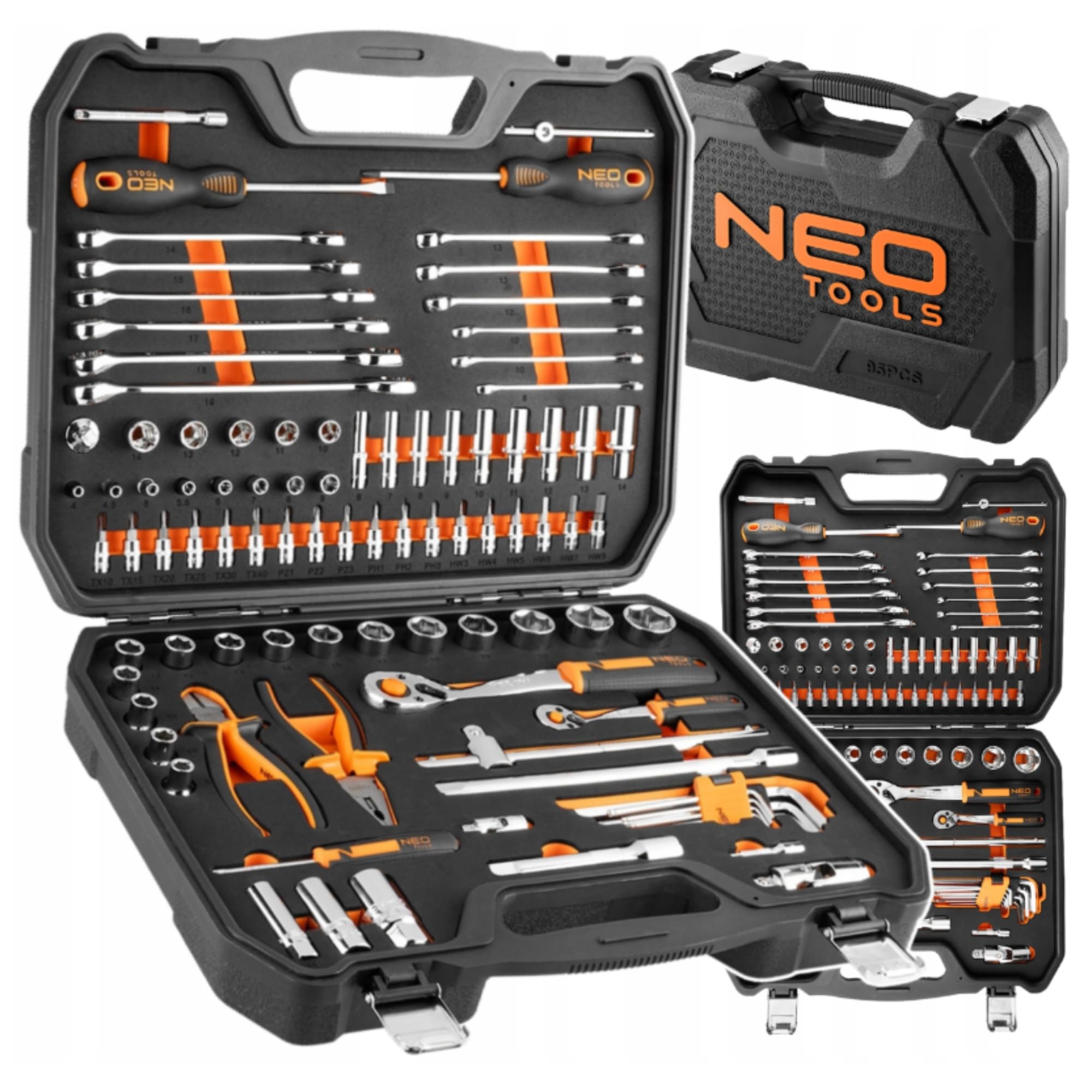 NEO TOOLS Valise à outils 95 pièces – Coffret de douilles professionnel avec cliquets 90T, jeu de clés mixtes, insert en mousse EVA, coffret de cliquets pour automobile et atelier, kit complet