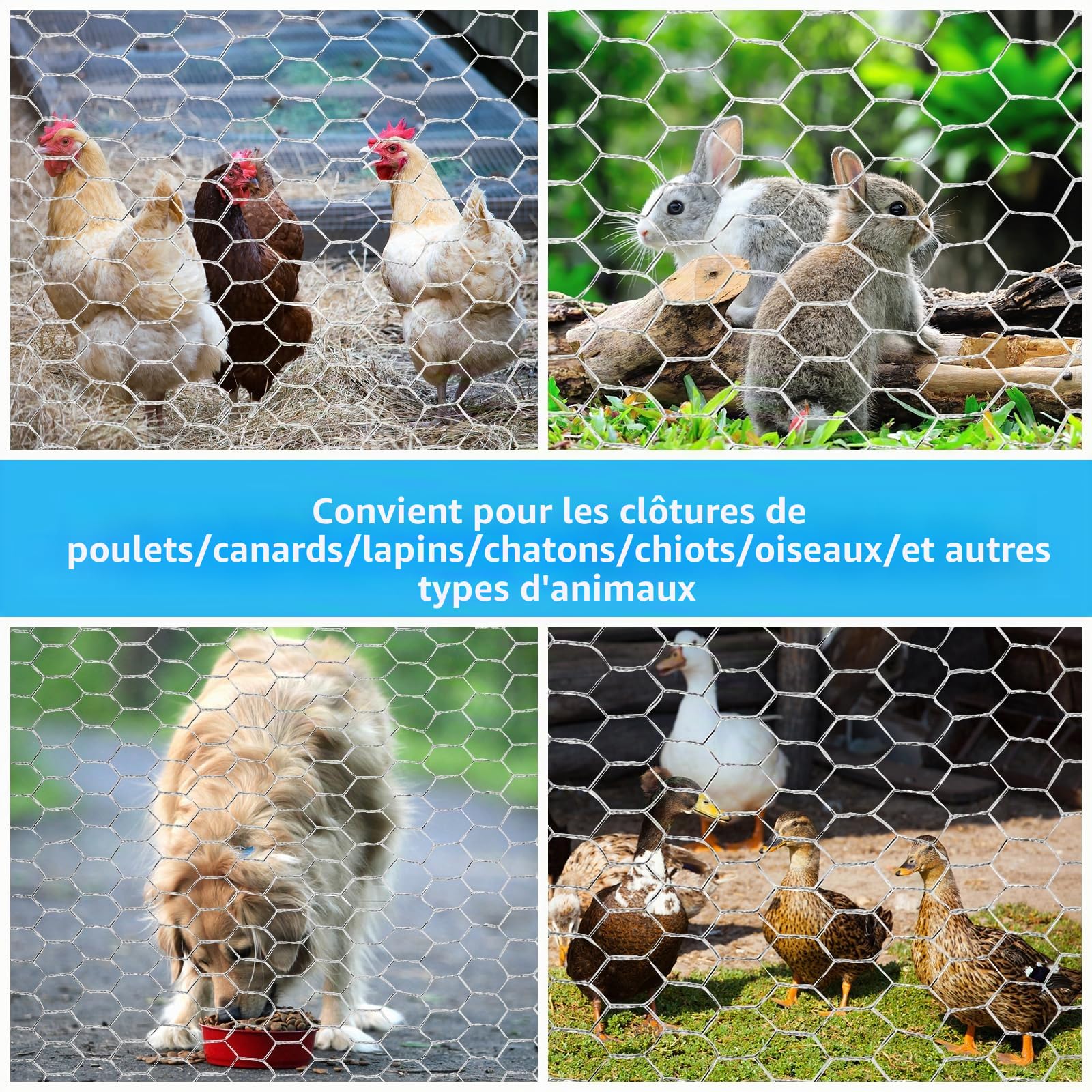 NVIYAM Grillage à poules, lapins, potager 0,4 x 6 m, Grillage Hexagonal Galvanisé, Treillis Métallique, grillage galvanisé, Grillage Voliere avec Pince Coupante et Gants, pour Poulailler, jardinage