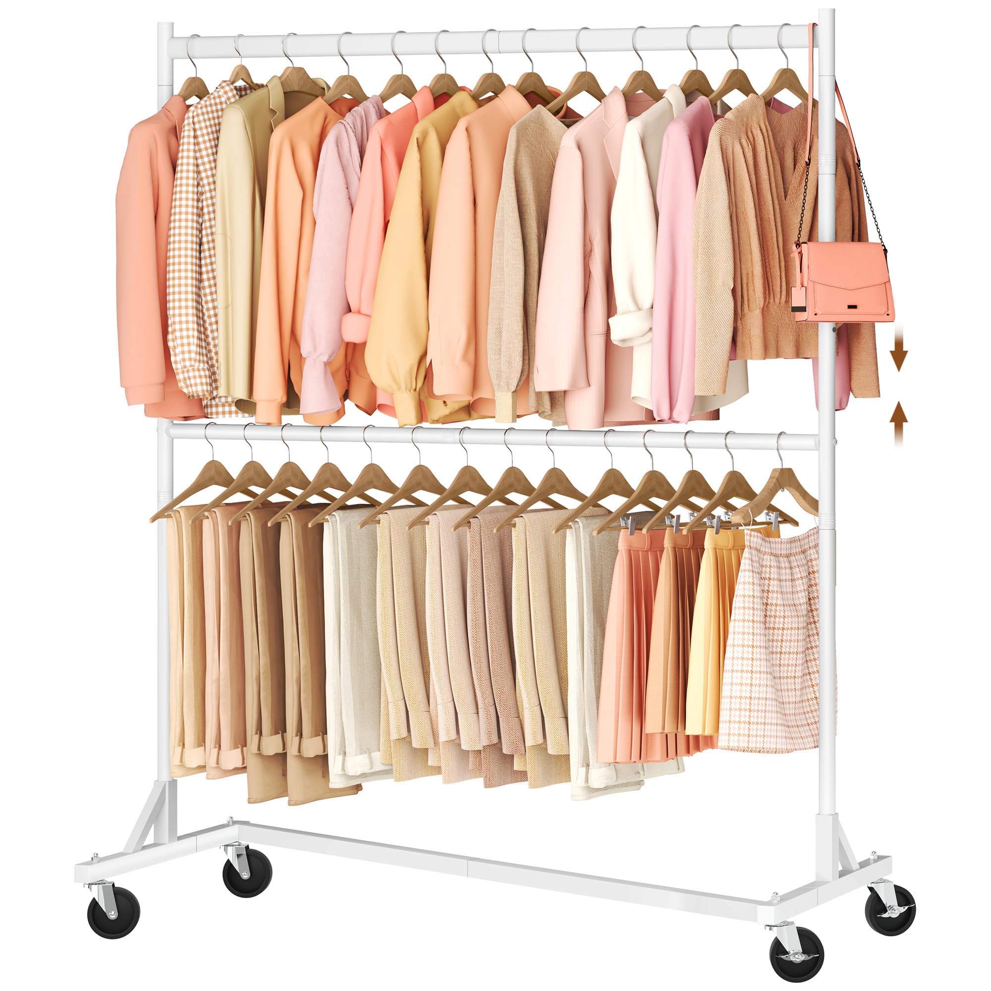 Hoctieon Double Rod Z Rack, Rolling Clothes Racks with Z-Base, Adjustable Clothing Rack, Standing Clothes Rack, Metal Clothing Racks for Hanging Clothes, Portable Garment Rack, White