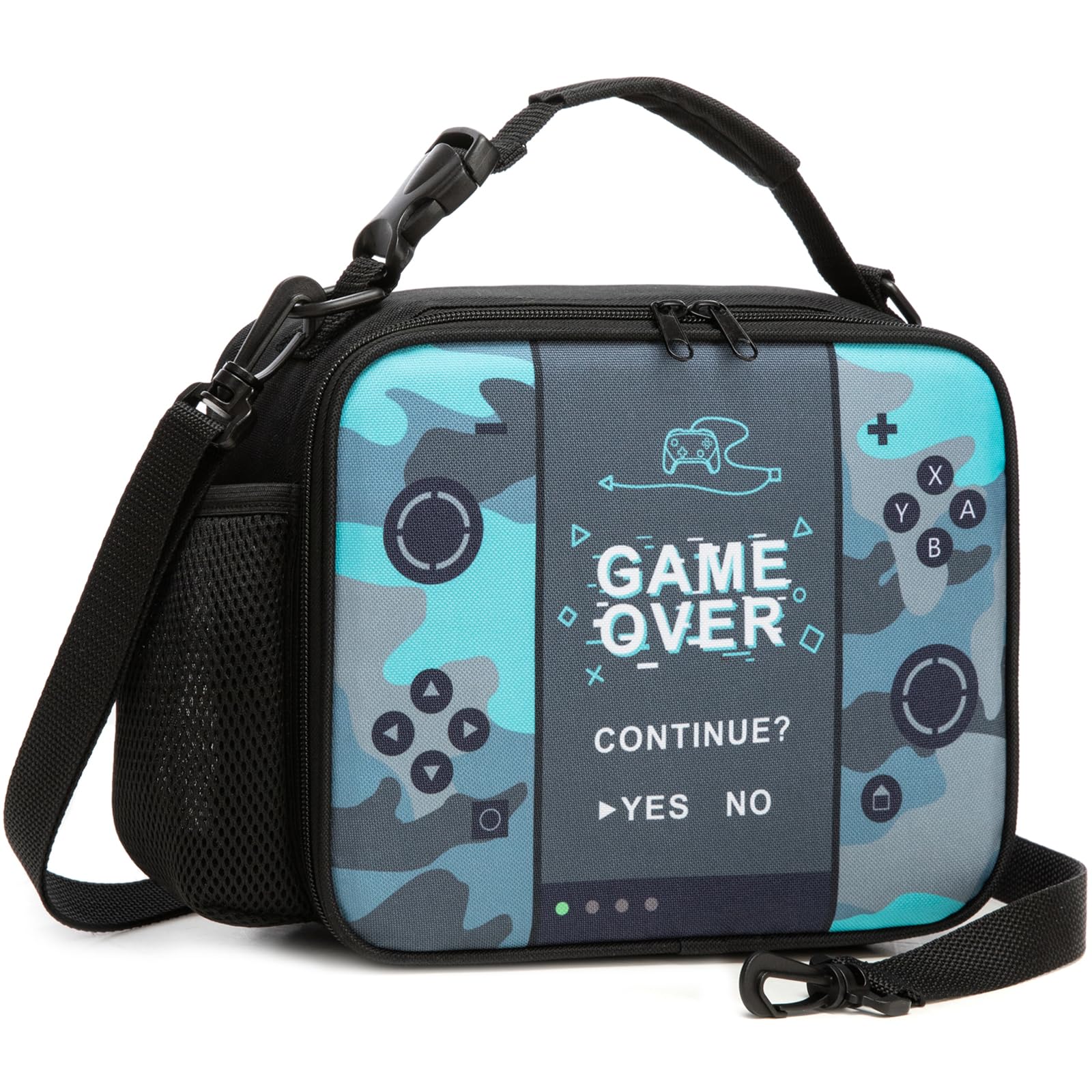 Beaulyn Gamer Boys Lunch Box, Gaming Insulated Lunch Bag with Detachable Shoulder Strap, Bottle Holder, Clip Handle & Smooth Zippers, Reusable & Easy to Clean, Ideal Packed Luncbox for Kids Ages 5-12