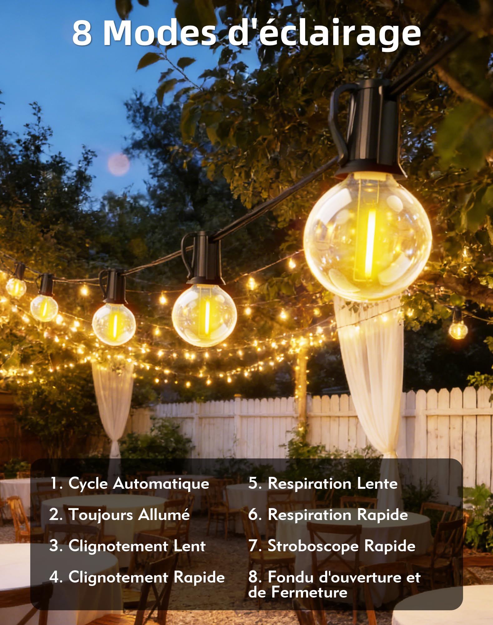 Guirlande Lumineuse Solaire Extérieure 10M, Guirlande Guinguette avec Télécommande 15+1 Ampoules LED, 8 Modes d’Éclairage, 4 Luminosité Réglable, Guirlande IP44 Étanche pour Jardin Balcon Terrasse