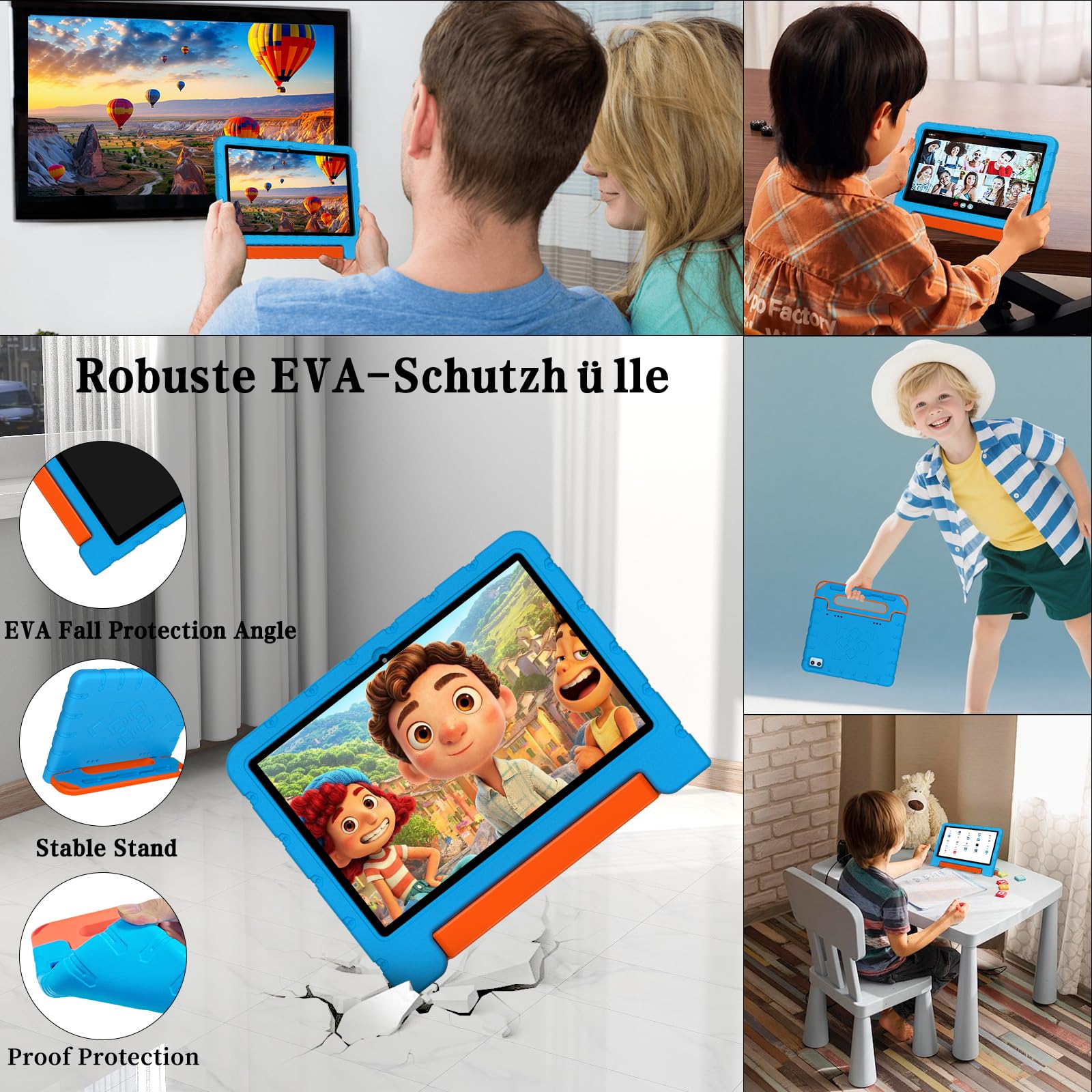ZIOVO Kinder Tablet 10 Zoll Android 15 mit 30GB RAM+TF 2TB, 5G WiFi, Gemini AI, Octa-Core, Widevine L1, GPS, Face ID, Kindersicherung, iWAWA, 6000mAh, BT 5.0, Kids Tablet mit Eva Case - Blau