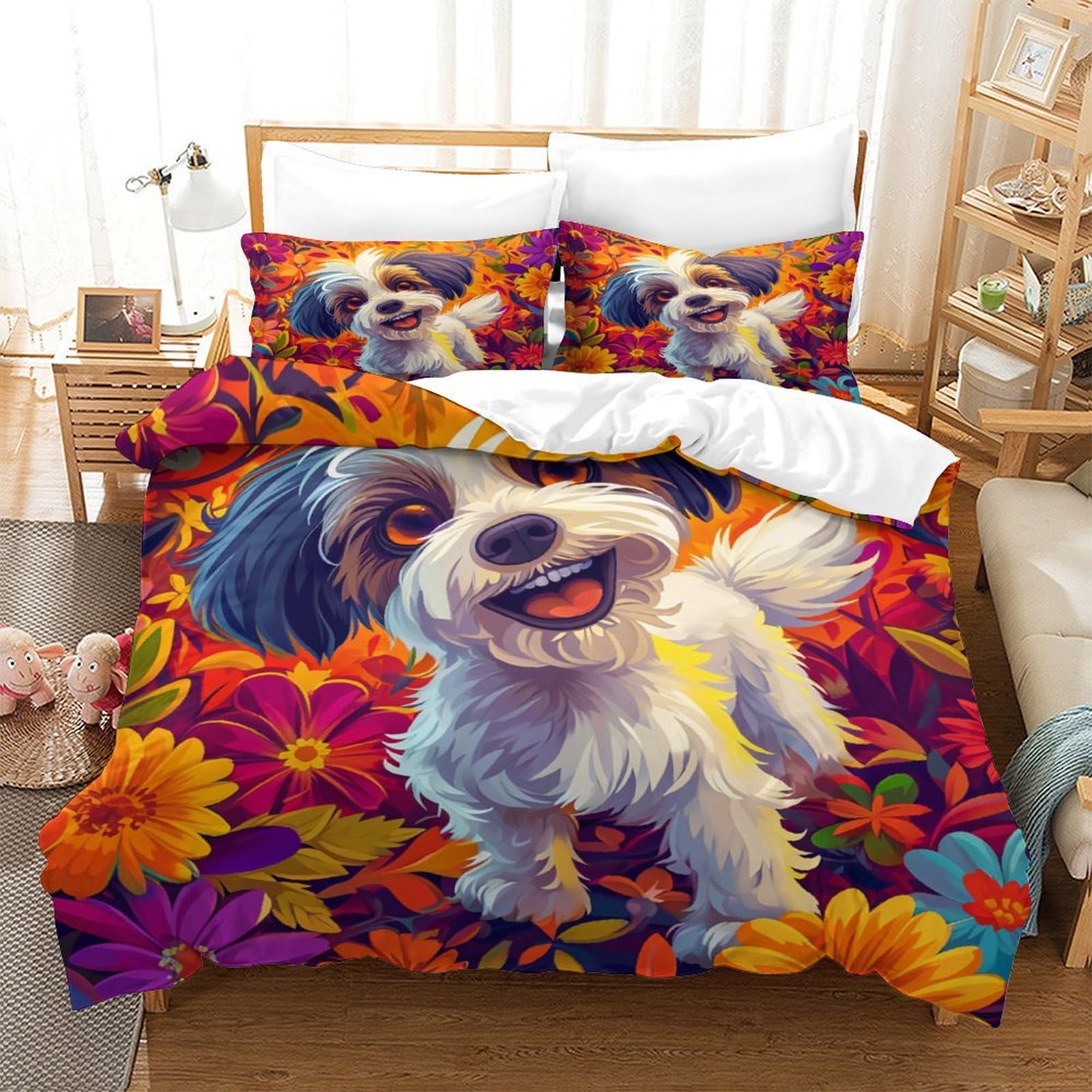 TNFHSOFT 3D Shih Tzu Dog Duvet Cover Bedding Set Soft Microfiber Duvet Set 3D Bedding with Zipper Closure for Kids Teens Adults 3PCs Single（140x200cm）