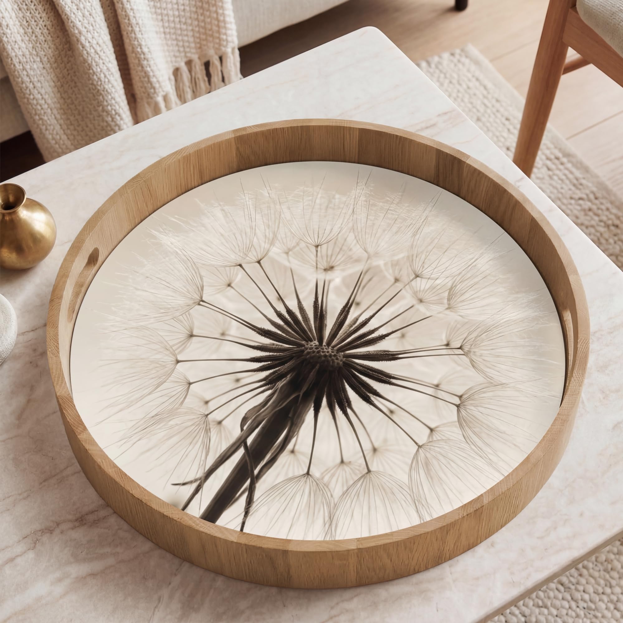 Tablett Rund 50x50 cm Serviertablett rutschfest Griff Küchentablett Servierplatte Eiche Holztablett Hitzebeständig Kaffeetablett Pusteblume - Minimalistisch - Weiß