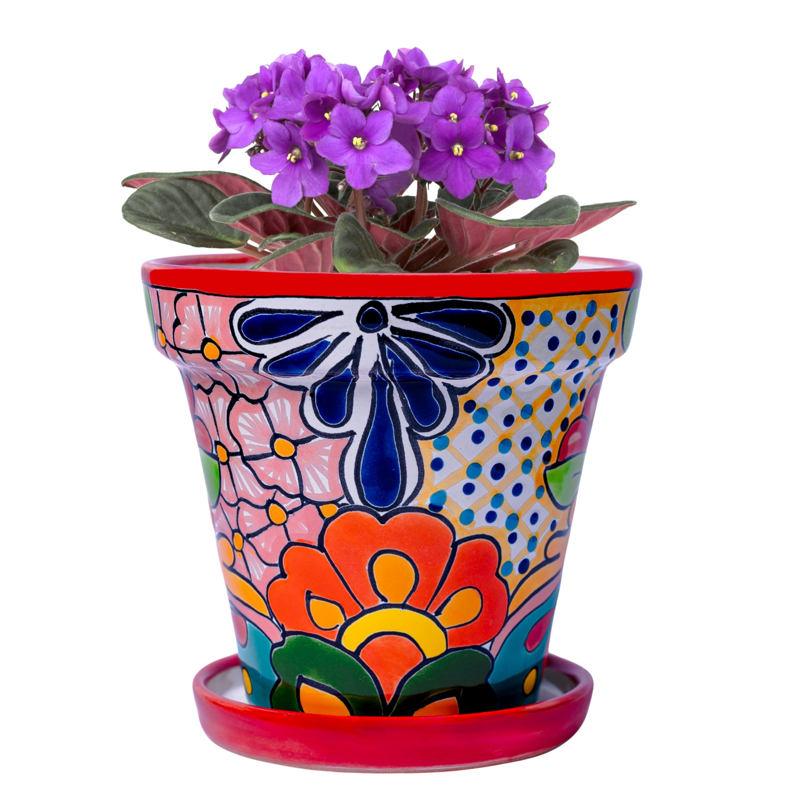 COBAZUL Mexican Pottery Planters - Talavera Planter - Mexican Yard Pottery - Ceramic Pots for Plants Indoor & Outdoor with Drainage Hole and Saucer - 6” W x 5.5” H (Red-Medium)