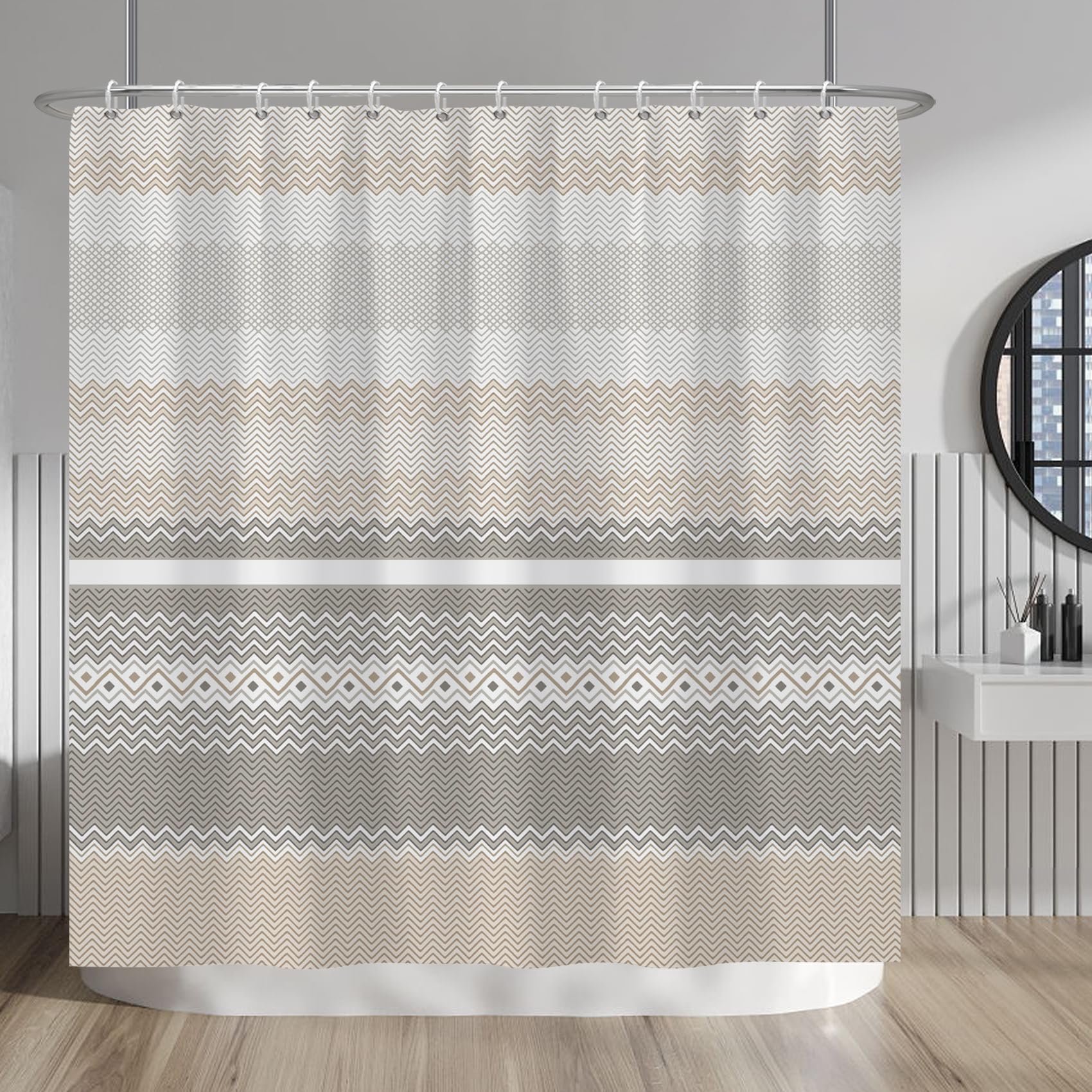Photo 1 of Baocicco Boho Style Shower Curtain Set for Bathroom 72x72 Inch Stylish Beige Bohemian Striped Mid Century with 10 Hooks Modern Hotel Family Shower Curtain Set Farmhouse Bathtub Decor Accessories