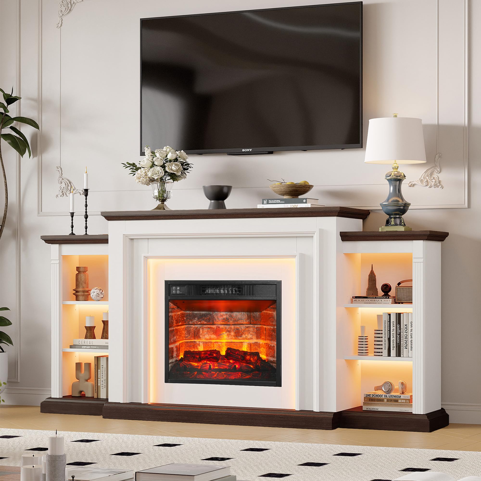 72" LED Electric Fireplace with Mantel, Fireplace TV Stand for 80 Inch TV, Entertainment Center with 23'' Red Brick Fireplace, Delicate Three-Dimensional Molding with Remote Control for Living Room