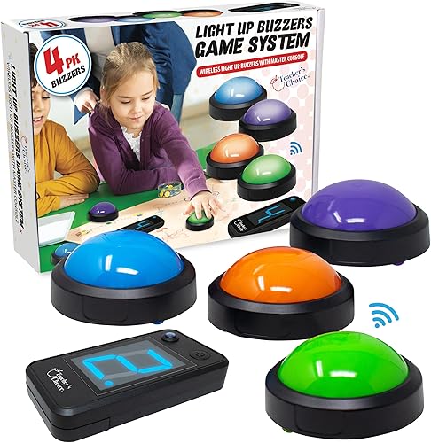 Teacher's Choice Sistema inalámbrico de botón de zumbador para 4 jugadores  Muestra al jugador ganador  Sonidos fuertes y únicos, ideal para juegos