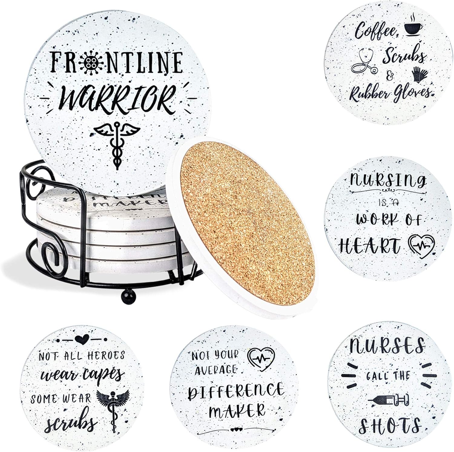 Nurse Gifts for Women and Men - Absorbent Ceramic Coasters With Cork Base - Holder Included for Nurse Week (Sincere), Practitioner, Appreciation Gifts