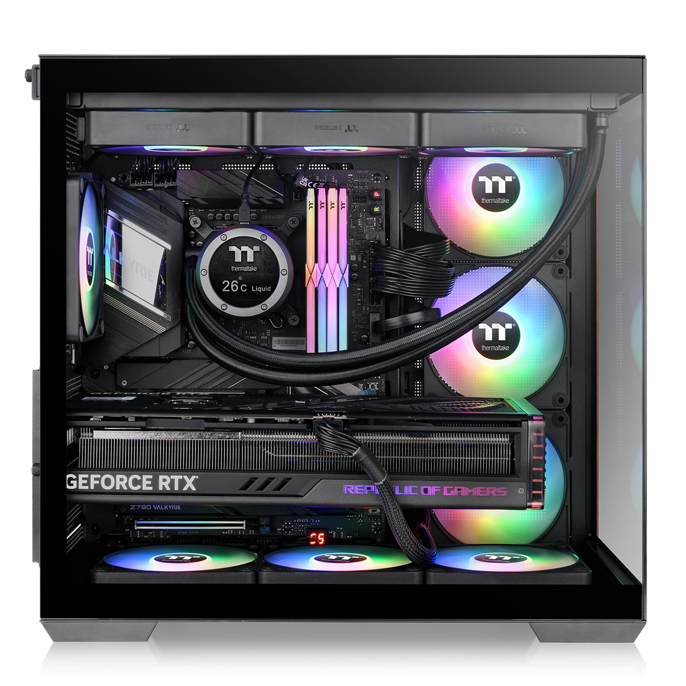 Thermaltake View 380 WS ARGB; chasis de Torre Media; moldura Lateral de Madera; Ventiladores ARGB Lite de 4 x 120 mm incluidos; Espacio de GPU de 415 mm; cámara Dual; ATX/mATX/mITX; Soporte de