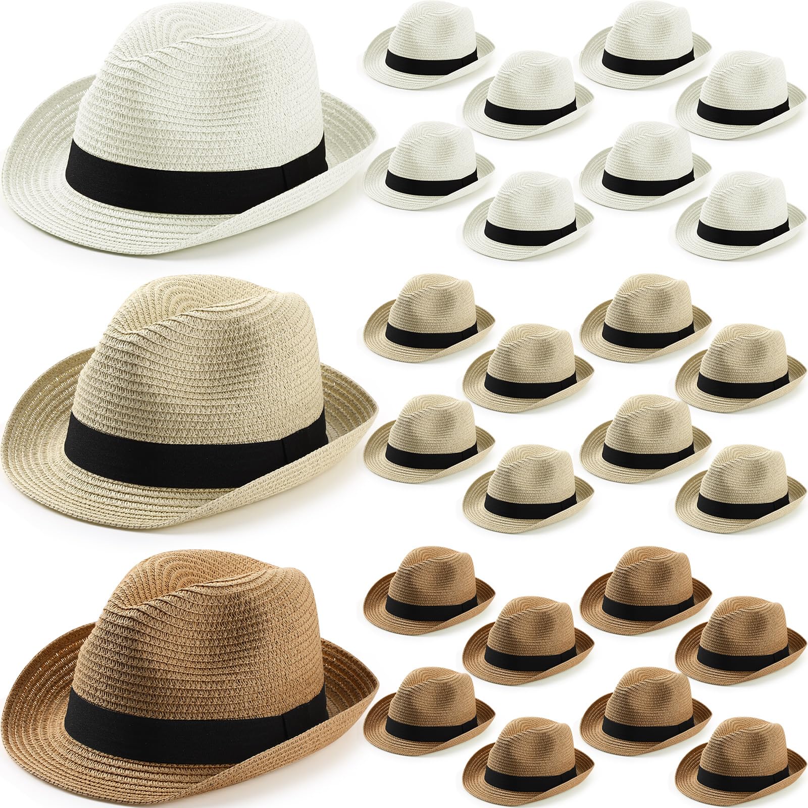 Jeyiour Lot de 24 chapeaux en paille pour femme, chapeaux panama en vrac pour homme, chapeaux courts à bord court emballables pour le soleil, chapeaux d'été en paille pour la plage, kaki, beige et