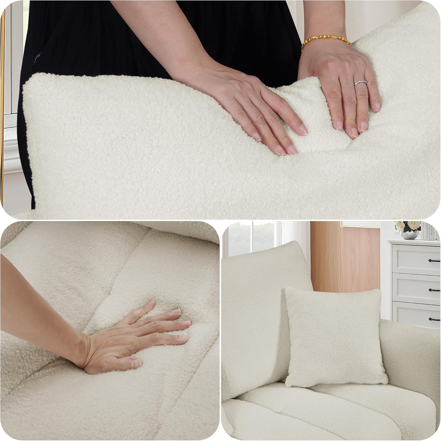 ChicFurnit 80.7 Inch Teddy Fabric Sofa with 3 Back Pillows, Premium 3-Seater Curved Sofa with Oversized Upholstered Chair, Loveseat with 3 Back Cushions for Living Room, Apartment, Office, Off White