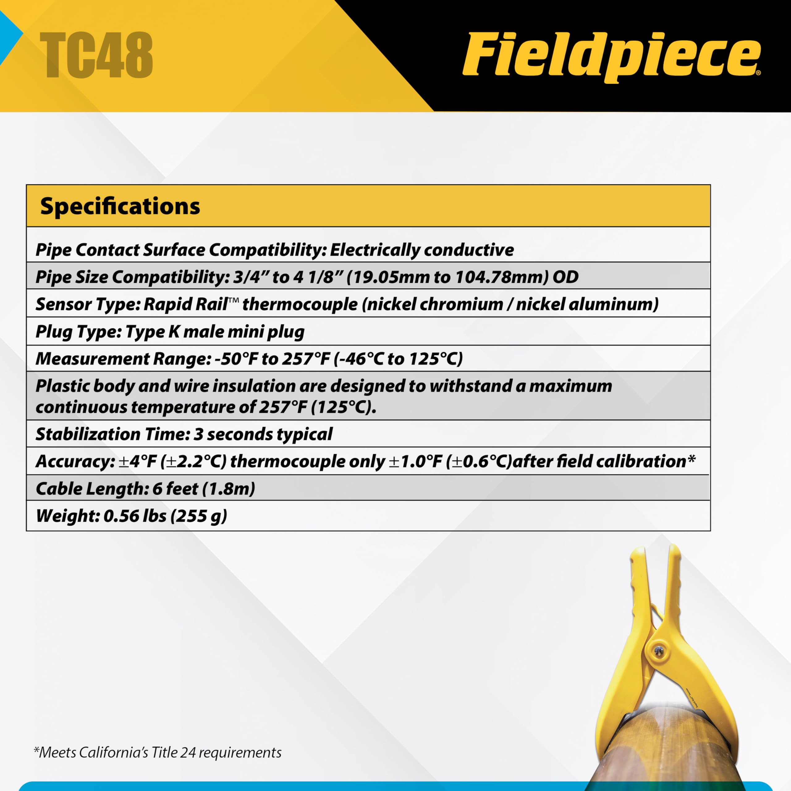 Fieldpiece TC48 Abrazadera de tubo grande tipo K termopar