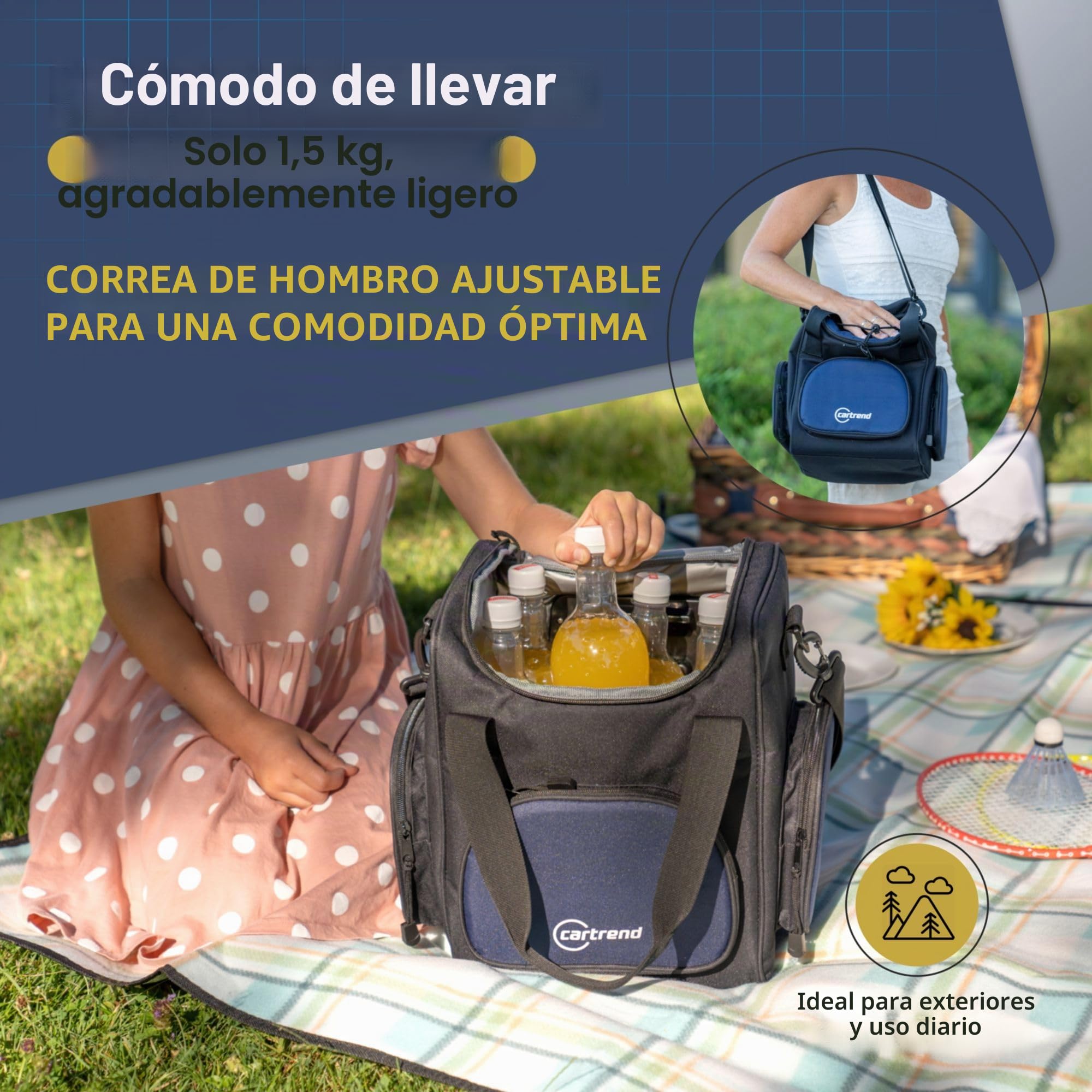 cartrend Bolsa térmica con Cable de conexión de Coche de 12 V, 1,50 m de Largo, Correa de Hombro Ajustable, Revestimiento Interior de fácil Cuidado, Varios tamaños