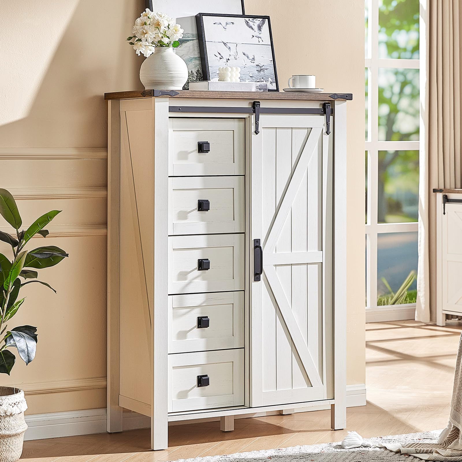 AMERLIFE 31.5'' Farmhouse 5 Drawer Dresser with Sliding Barn Doors, 48" Rustic Tall Dresser, 31.5'' Storage Organizer for Bedroom, Entryway,