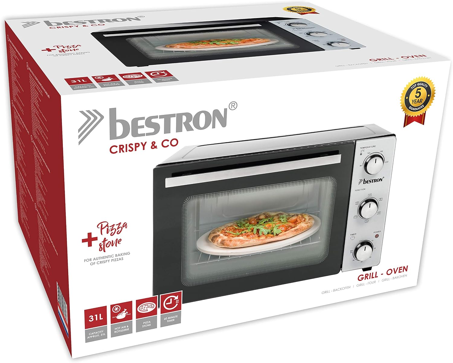 Bestron Grill Oven with Rotisserie and Pizza Stone, Mini Oven with 31 L, 1500W, Stainless Steel / Black