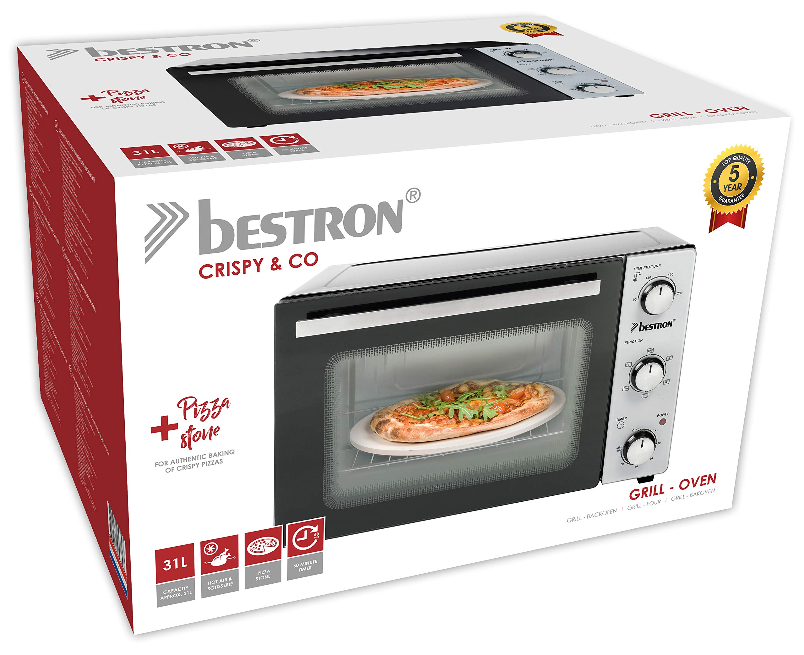 Bestron Mini Horno con Pincho Giratorio y Piedra para Pizza, 31 Litros, 1500 Vatios, Acero Inoxidable