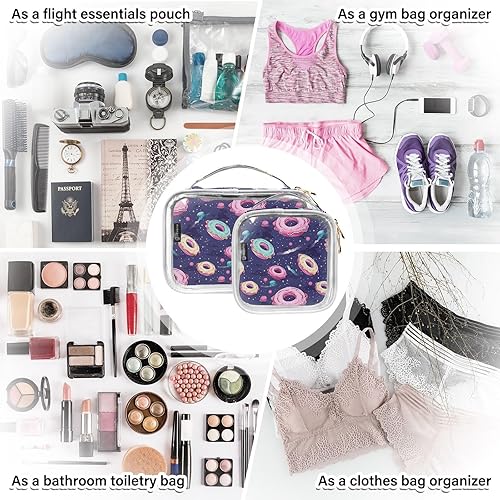 Miniatura 7 de Funny Space Doughnuts - Neceser transparente para viajar, paquete de 2 bolsas de cosméticos de maquillaje con cremallera, bolsa de viaje para