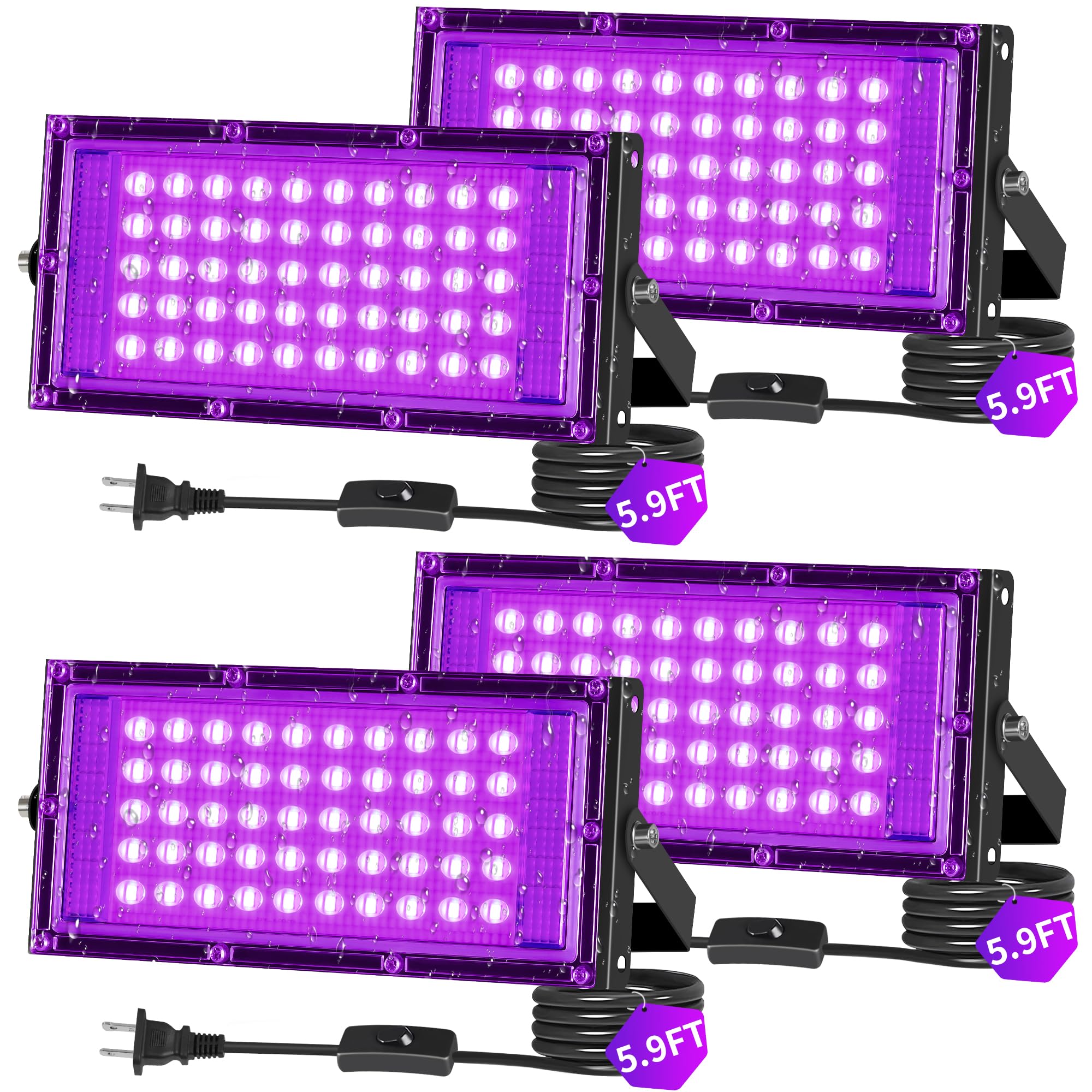 THECHAM 50W LED Black Lights IP66 Waterproof Black Light Outdoor with 5.9ft Plug+Switch, Flood Blacklight for Halloween Glow in The Dark Party Stage