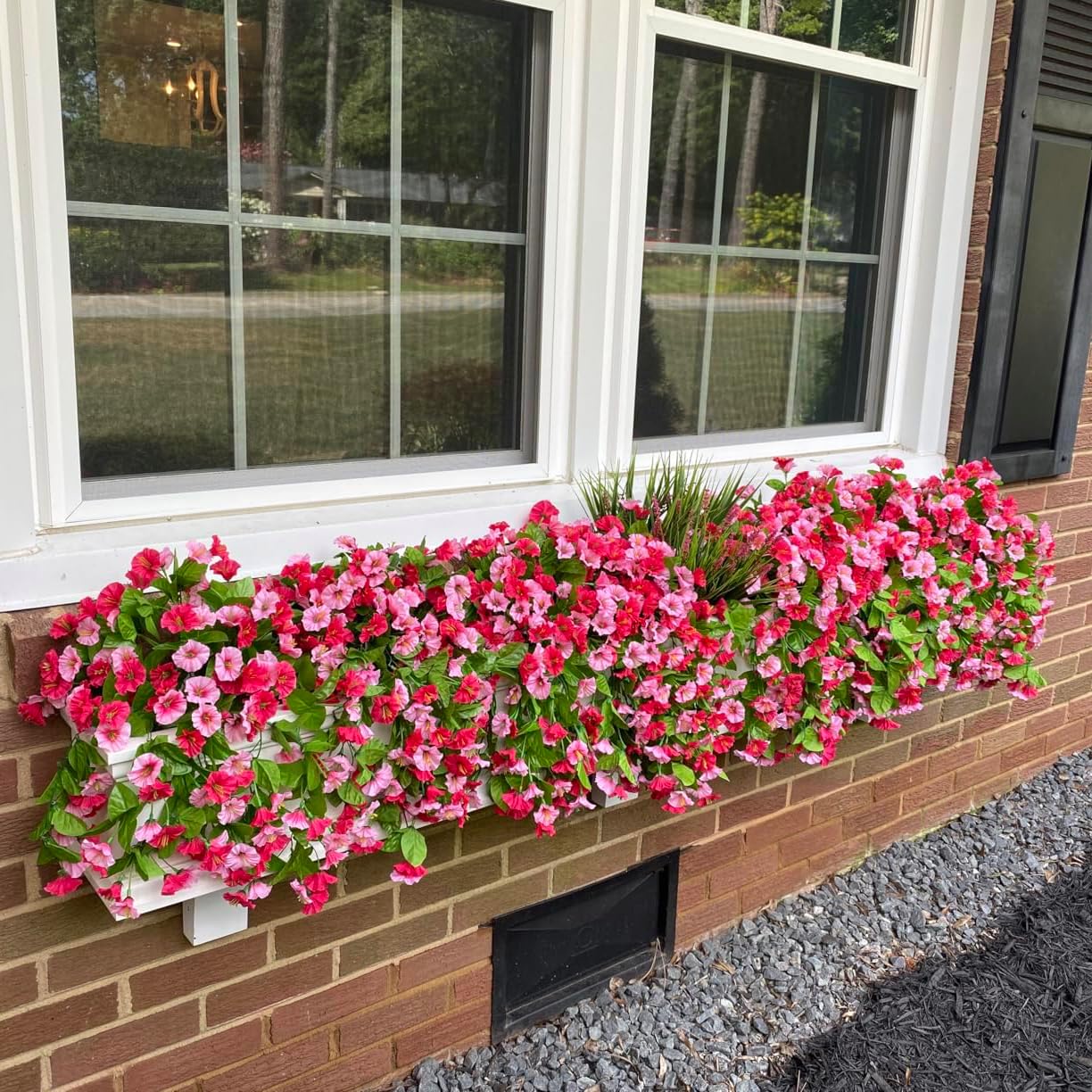 Artificial Fake Hanging Flowers Plants for Outdoor Decoration, 2PCS Faux Silk Morning Glory Long Vines Stems UV Resistant Look Real for Spring Summer Outside Home Porch Patio, Red Pink - Image 4