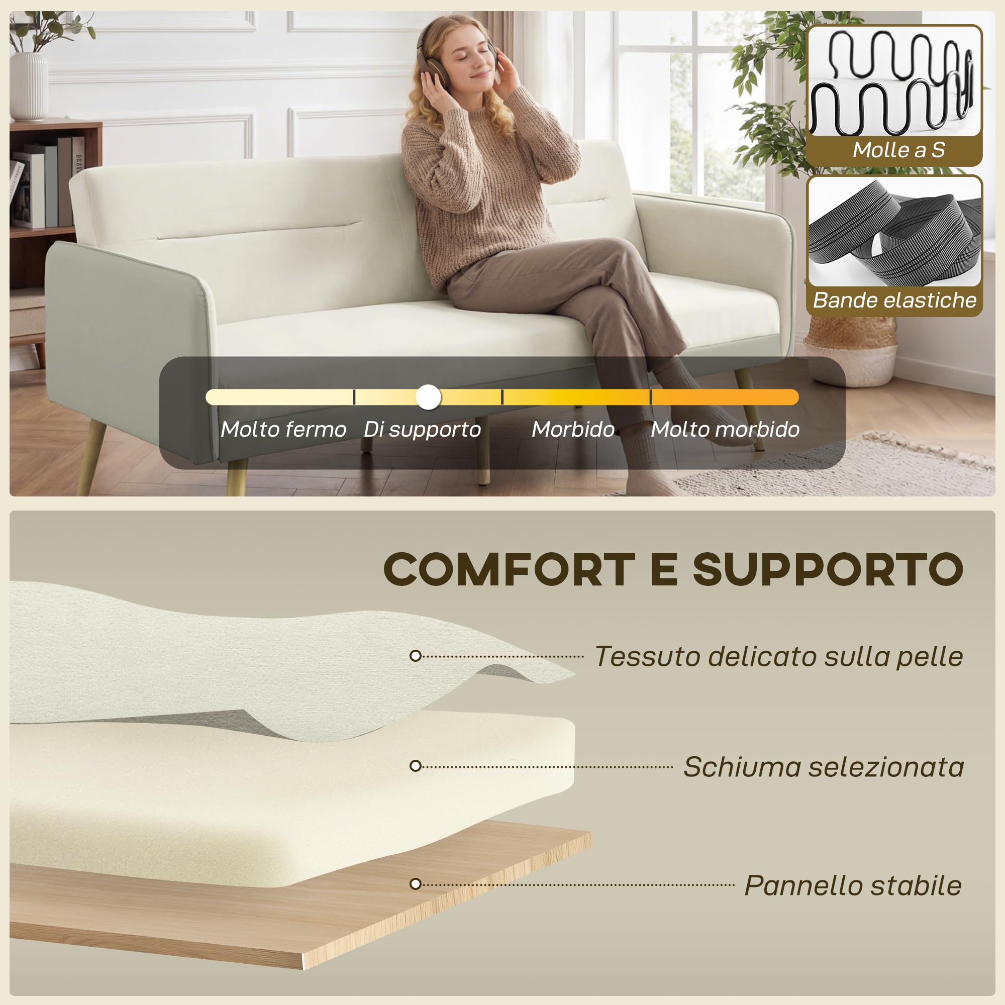 HOMCOM Divano Letto 3 Posti Convertibile con Braccioli in PU, Divanetto Reclinabile Trasformabile Clic Clac in Velluto con Gambe in Metallo, Struttura in Legno per Salotto, Camera, 185x84x83 cm, Beige