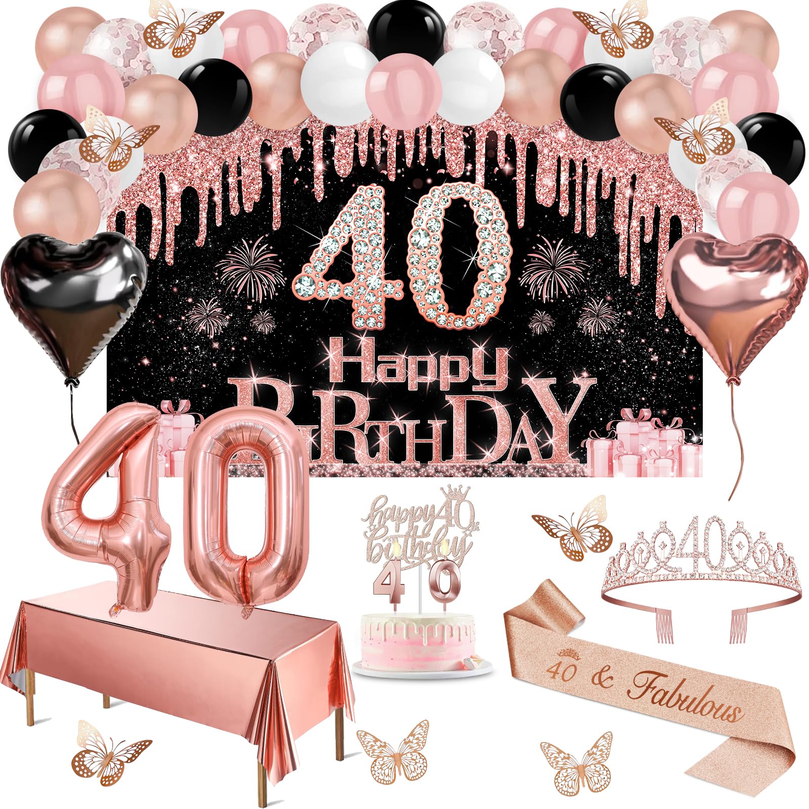 40th Birthday Decorations for Women, 49pcs Black Rose Gold Black Happy 40th Birthday Banner, Tablecloth, Butterfly Decor, Sash and Tiara, Cake Topper, Candles, Balloons Arch