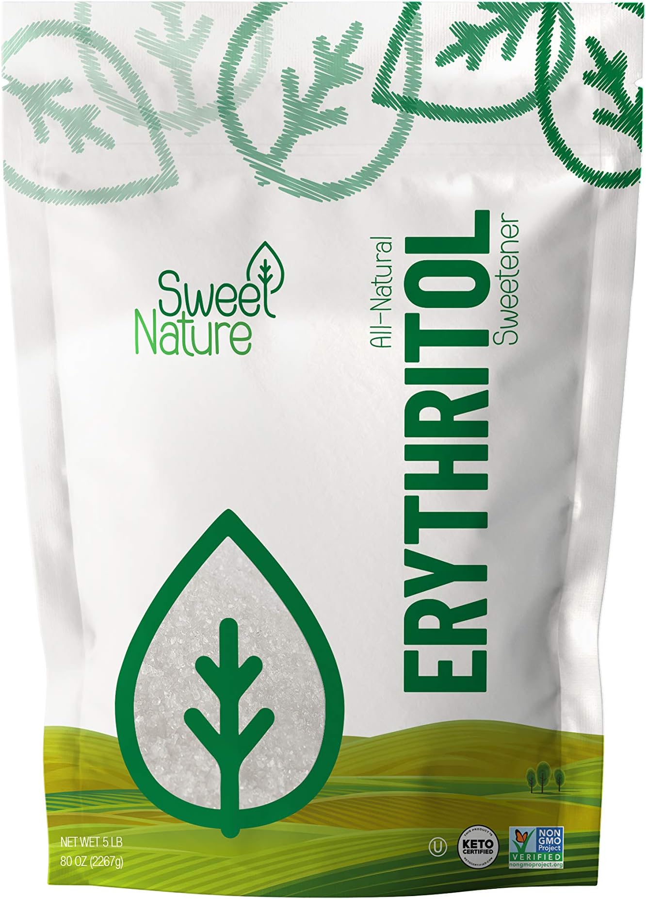 Sweet Nature Erythritol Sugar Free Sweetener - All Natural - Non GMO - Kosher- Keto Friendly 80 oz (5Lb.)