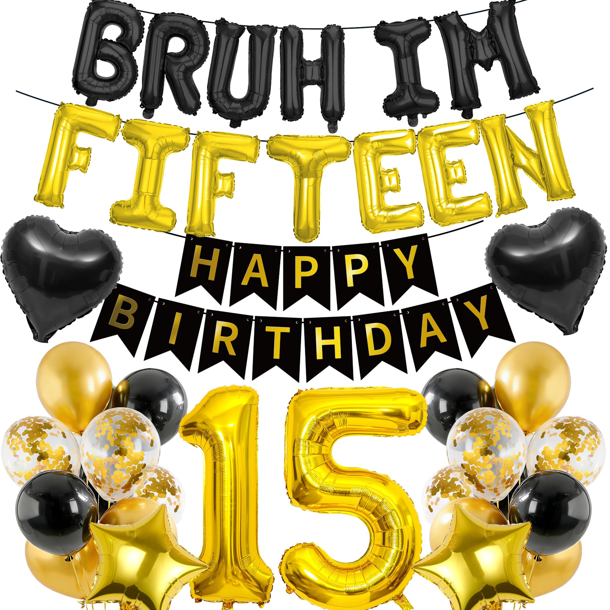 15th Birthday Decorations Banners Boy - 38 Pcs Black Gold Happy Birthday Banner BRUH I'M FIFTEEN Star Heart Number 15 Foil Balloons Decoration Sequin Balloons for 15 Years Old Boys Party Decor — image 1