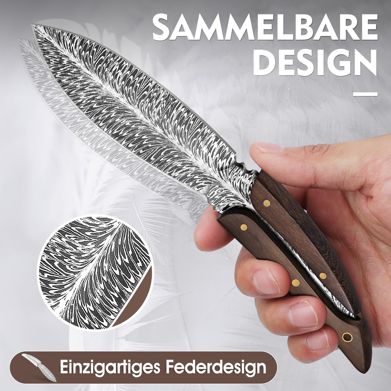 Japaknives Couteau de survie, couteau d'extérieur lame fixe, couteau de camping Full Tang, texture plume, grande collection