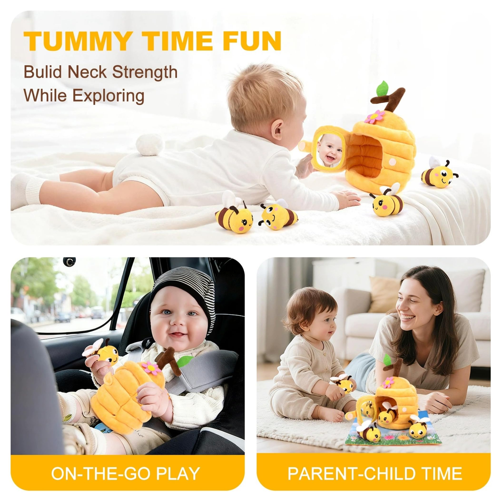 Giocattolo per, Set di Giocattoli per da 5 Pezzi, Giocattoli sensoriali Montessori per Bambini con fienile, sonaglio e Specchio, per Bambini per 1 Anno, Giallo