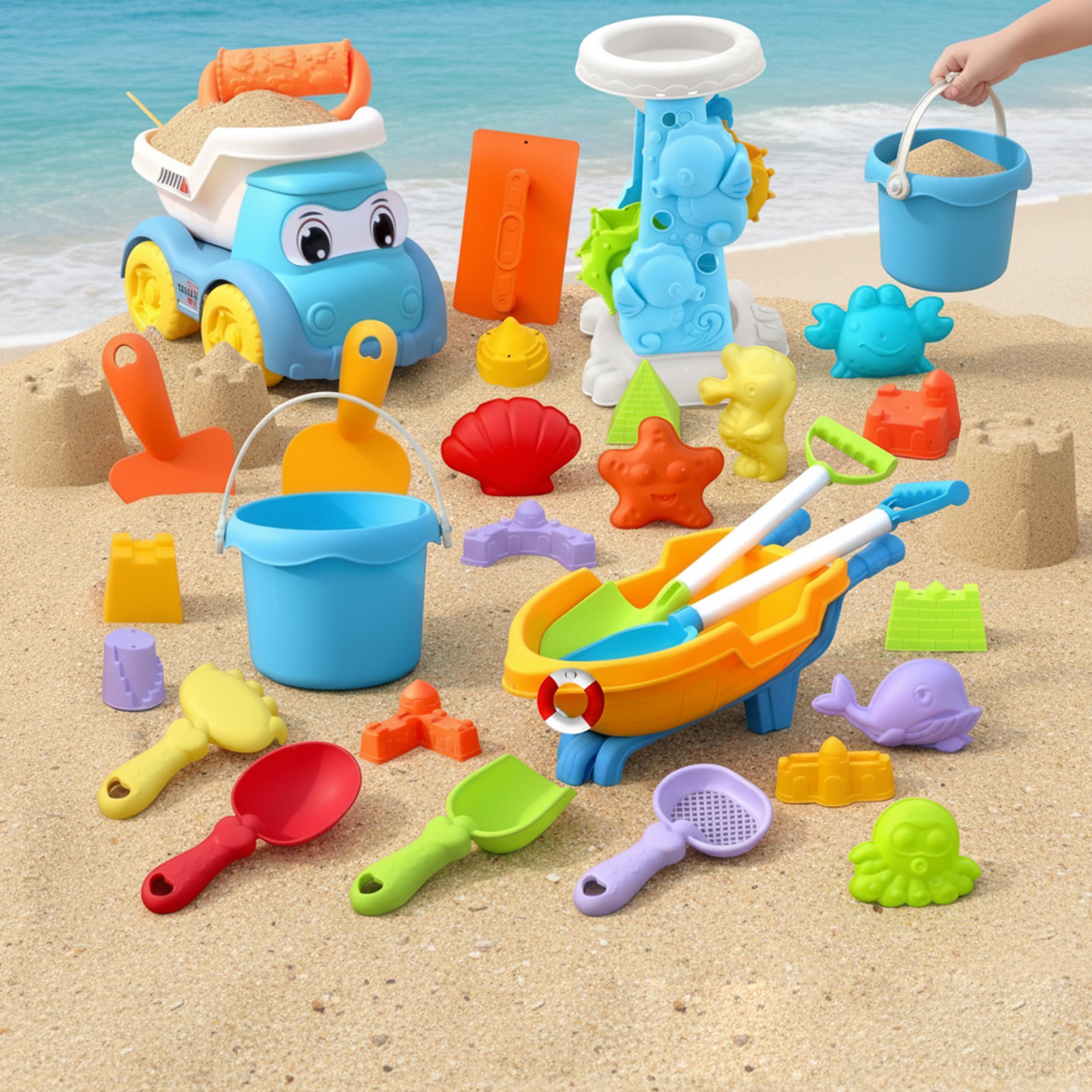 Sandstrandspielzeug, Sandspielzeug für Kinder, 30-teiliges Kinder-Strandset – Schaufel, Wagen, Eimer und Formen für Wasser- und Schneespiele, bunt