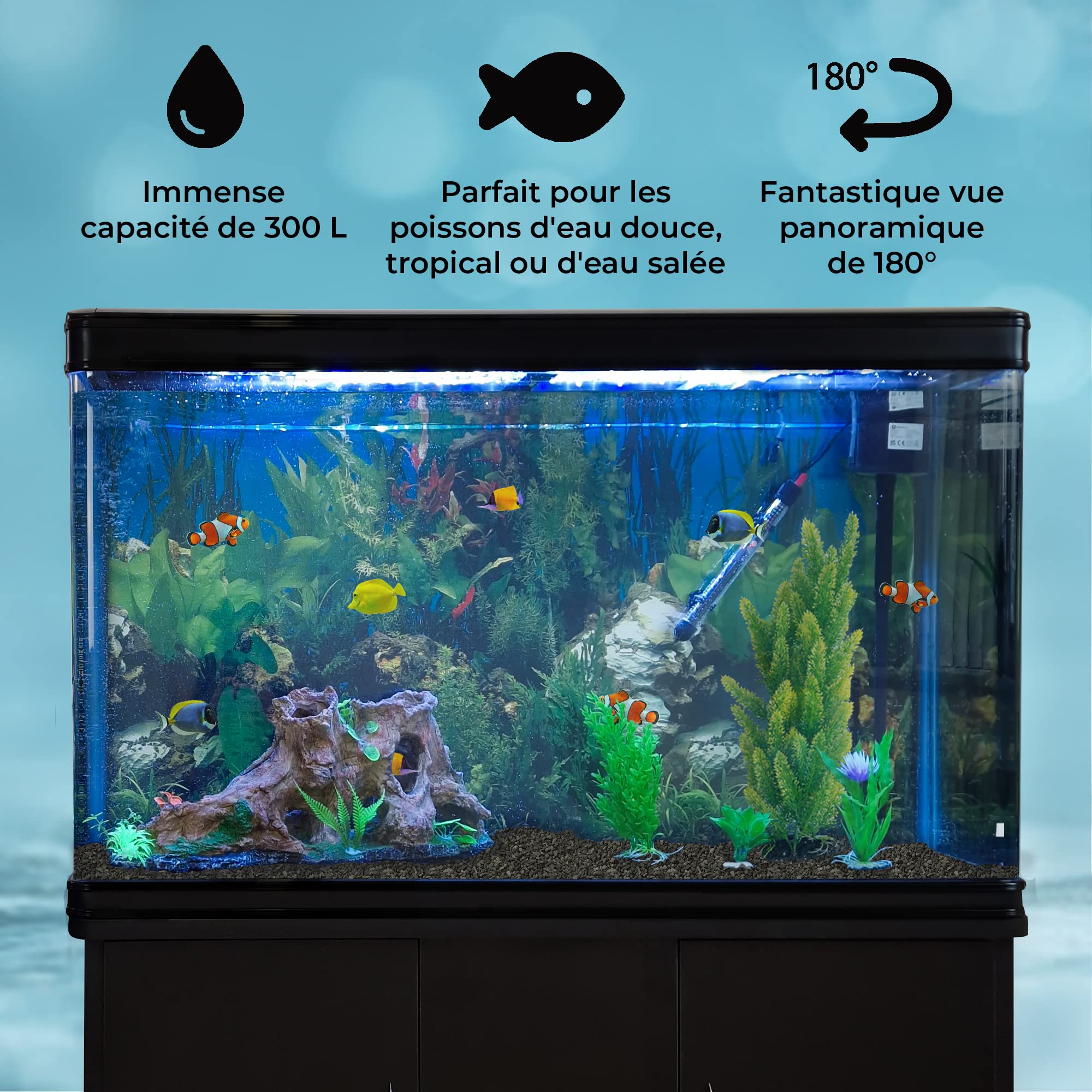 MonsterShop – Aquarium à Bords Noir de 300 litres, Meuble de Support Noir, d’Une Dimension Totale de 143,5 cm de Haut x 120,5 cm de Large x 39 cm de Profondeur