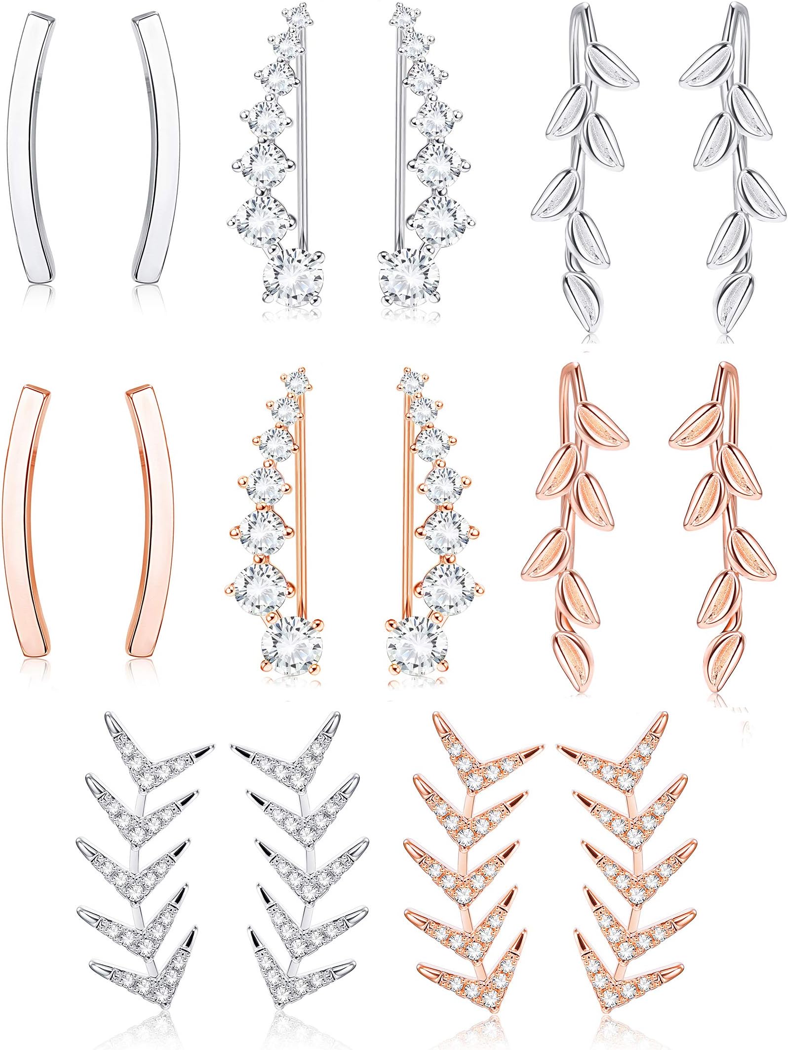 FUNRUN JEWELRY8 Pair Ear Cuff Hoop Climber Earring CZ Arrow Leaf Crawler Earring Set for Women Ear Jacket