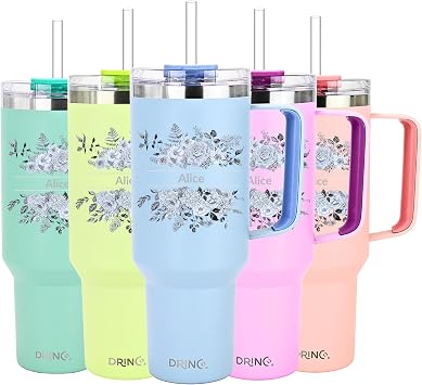 Drinco 40oz 30 oz Tumbler with Handle, Personalized, Straw Lid, Insulated Stainless Steel Travel Mug Water Bottle Ice Coffee Cup For Cold and Hot 40oz Floral Bloom
