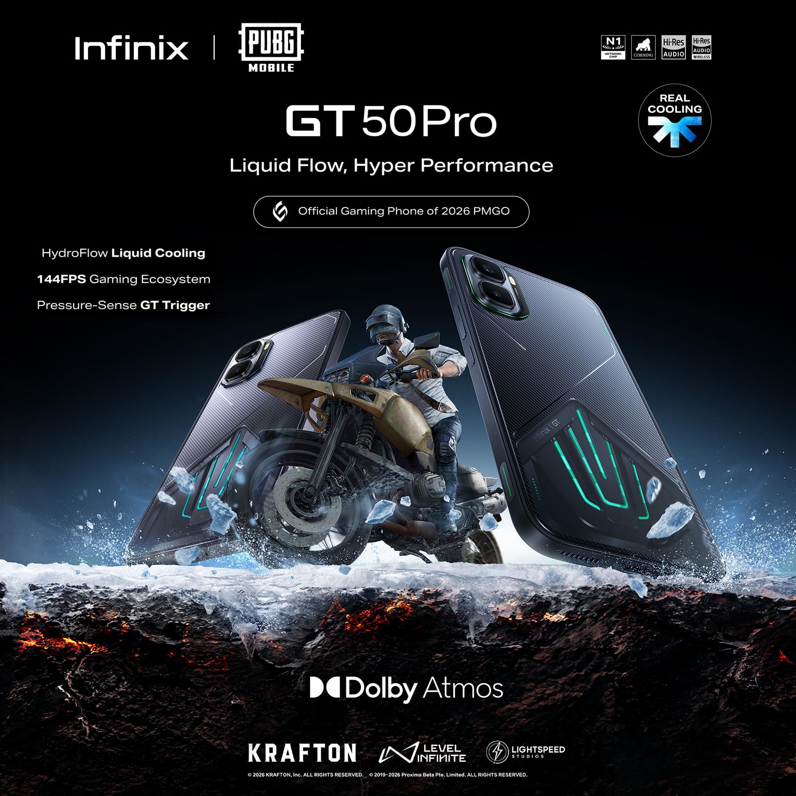 Infinix GT 50 Pro Telefono Gaming 5G - MediaTek Dimension 8400 144 FPS 12+512 GB Batteria 6150 mAh Raffreddamento HydroFlow GT Trigger Dolby Atmos Chip N1 - Smartphone Gamer ad alte prestazioni