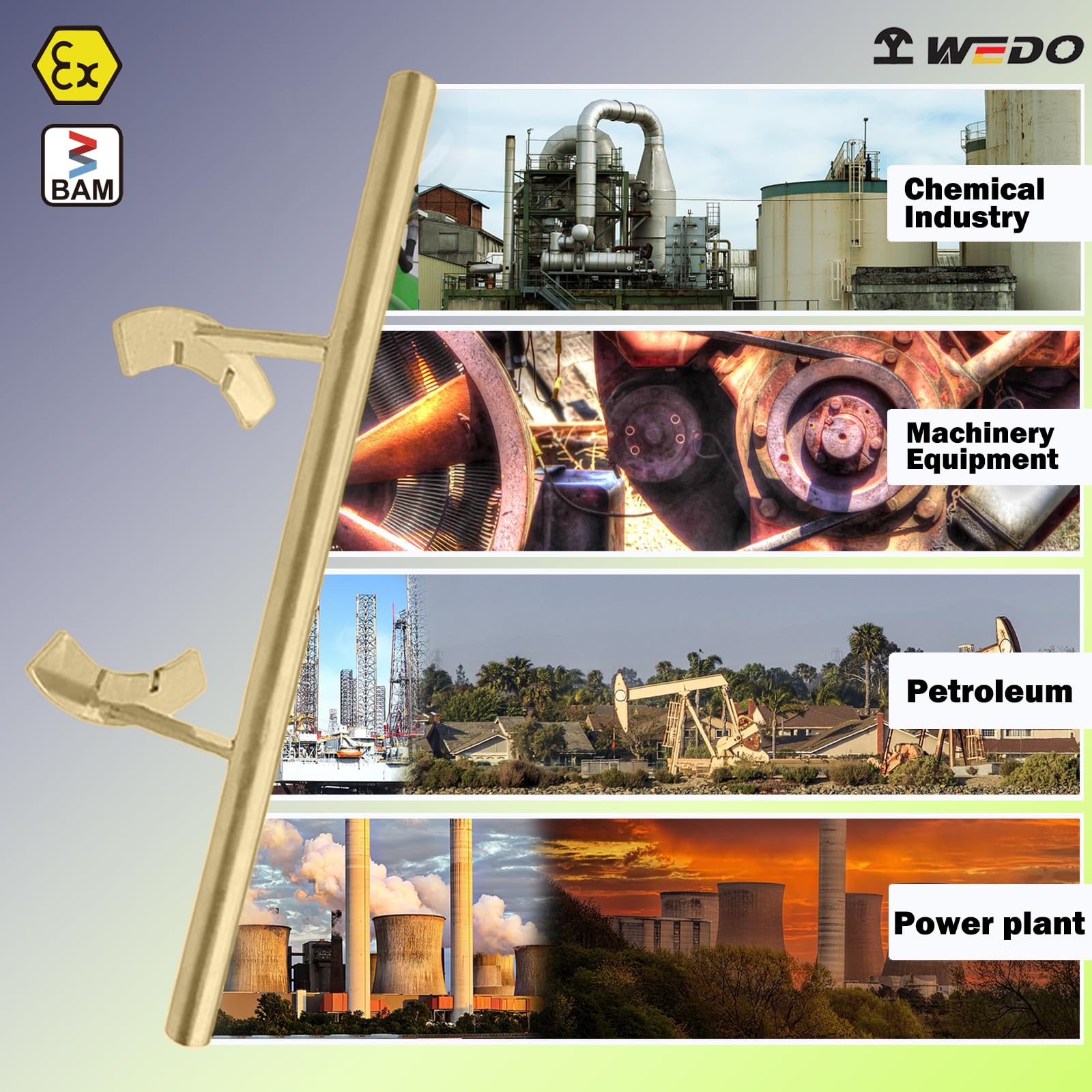 WEDO Nieiskrzący klucz do otwierania pokryw, rozmiar 175 mm, długość 500 mm, wytrzymały klucz nastawny do przemysłowej torby i nakrętek zbiorników IBC, aluminiowy brąz, odporność na korozję,