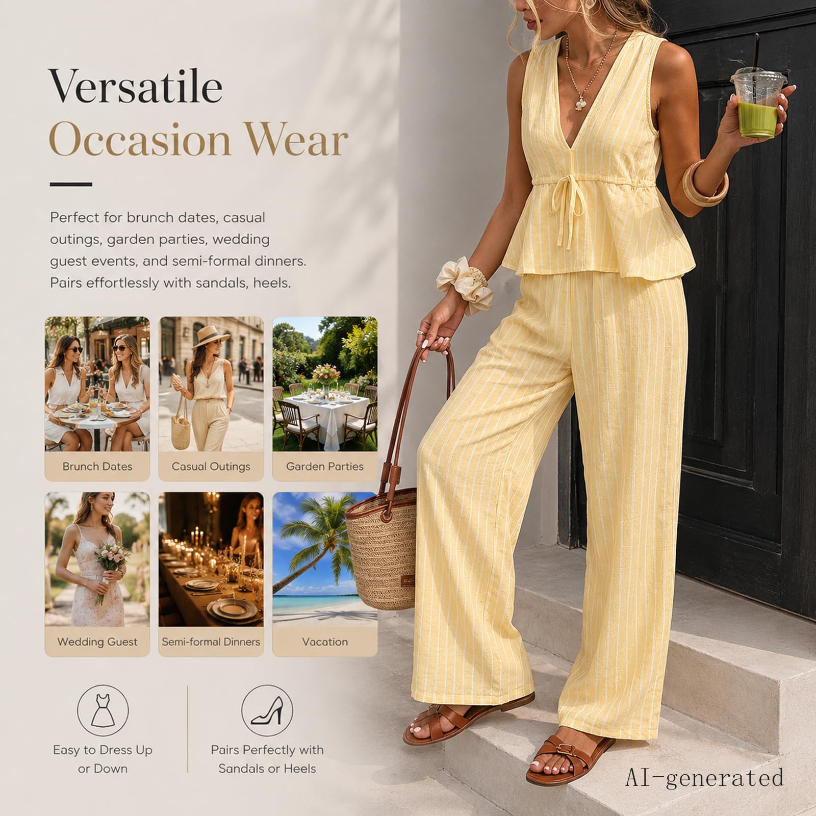Women's 2 Piece Outfit Striped V Neck Sleeveless Cinched Peplum Tank Top Wide Leg Pants Summer Casual Travel Vacation Set
