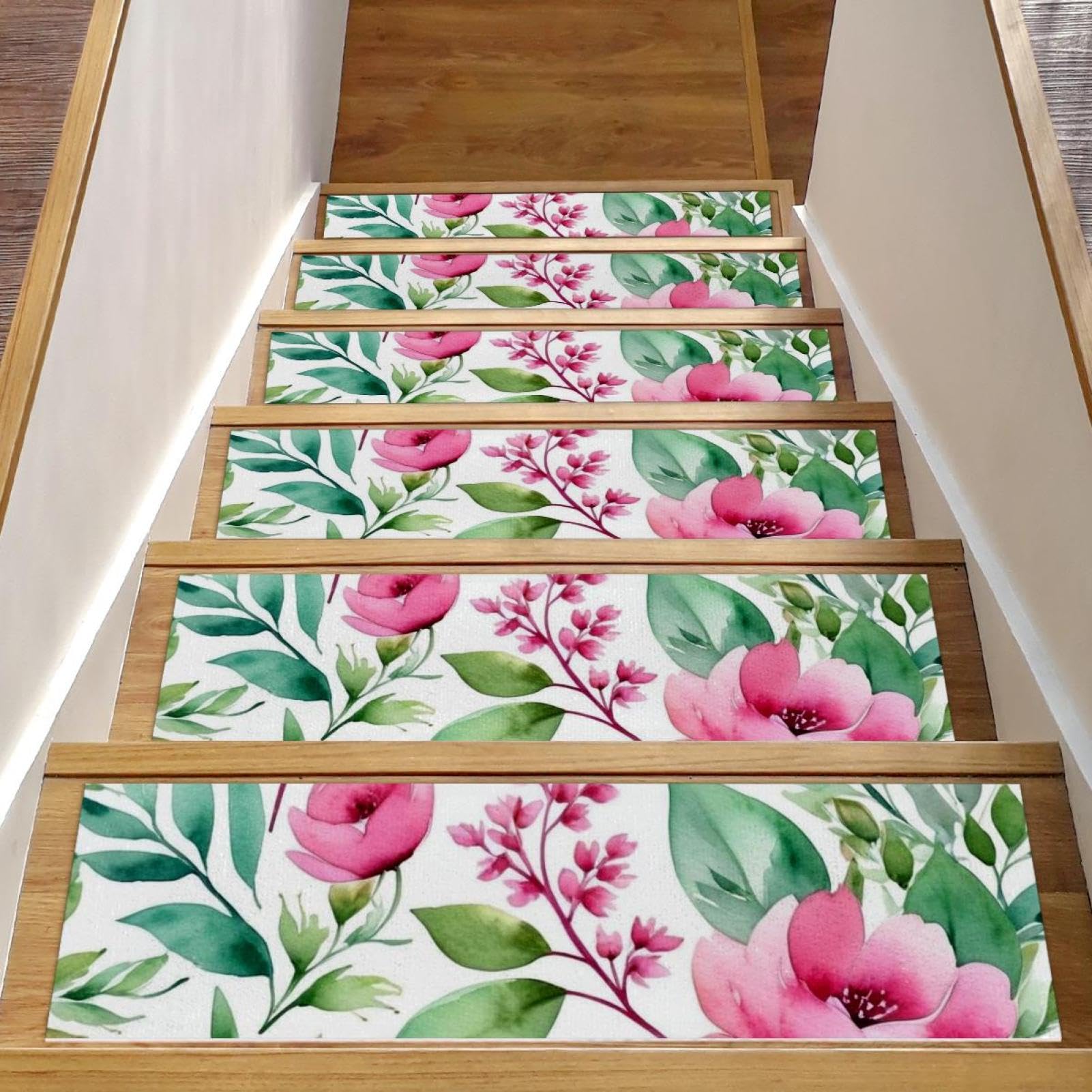 Tapis d'escalier antidérapant lot de 15 marches bois tapis réutilisable feuilles vertes