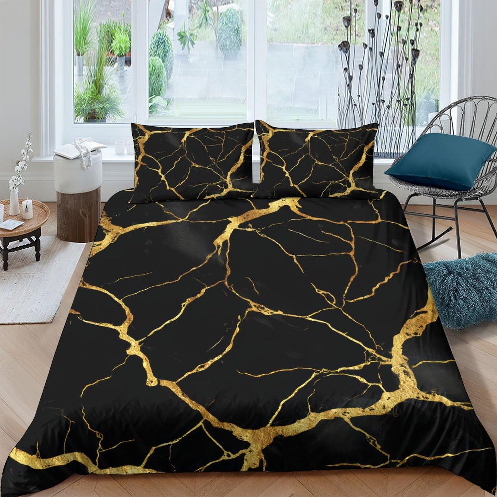Ctjqhvkz Style-2 3D Printed Black Gold Marble Fitted Sheet Microfiber Soft Breathable Abstract Vein Mattress Cover Bedroom Decor Single（135X200cm）