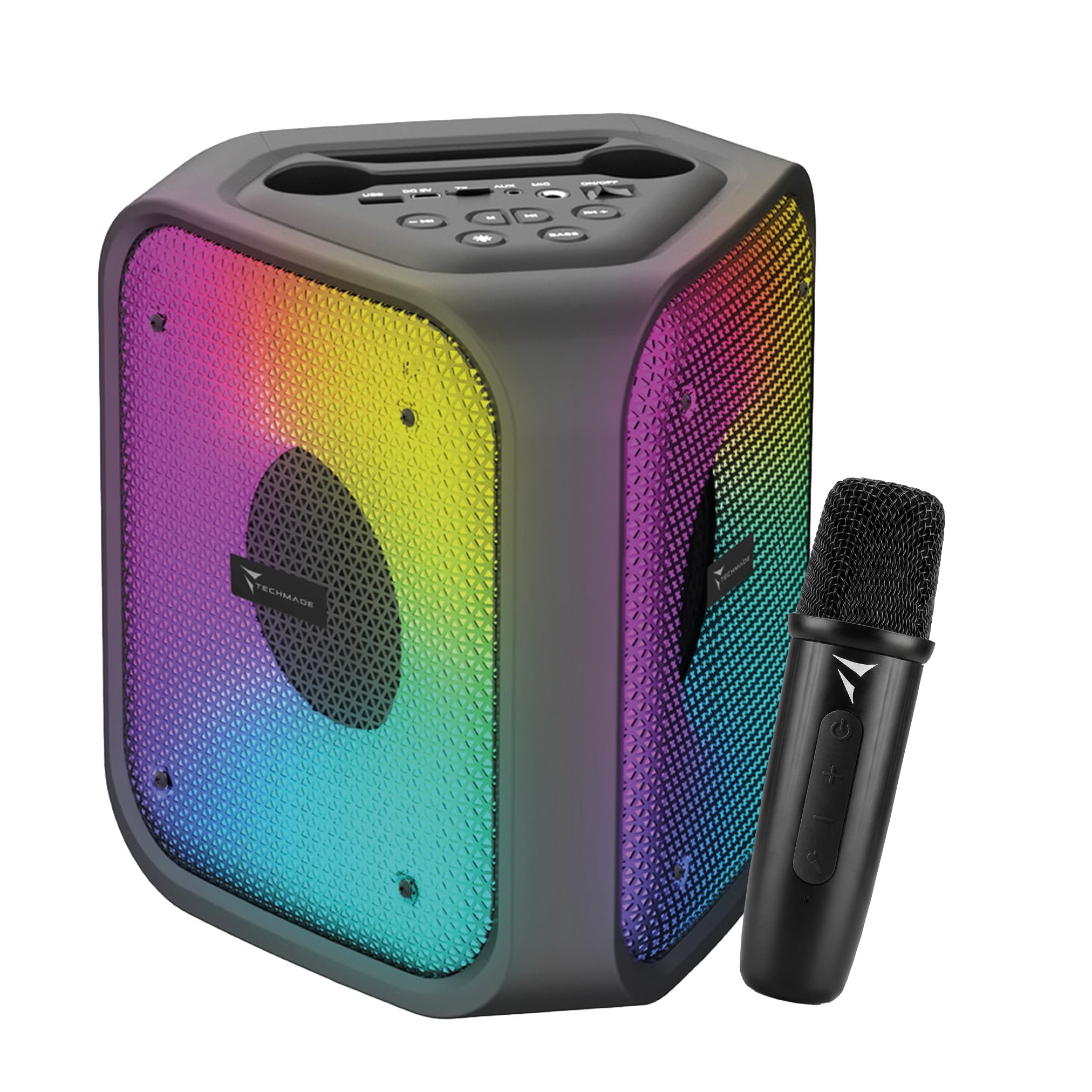 Techmade Speaker Bluetooth Karaoke con Microfono - 15W Portatile, Sistema 2 in 1 - Luci LED RGB - Connessione con BT 5.4, USB, Micro SD e AUX - Radio FM Integrata - Batteria 2400mAh