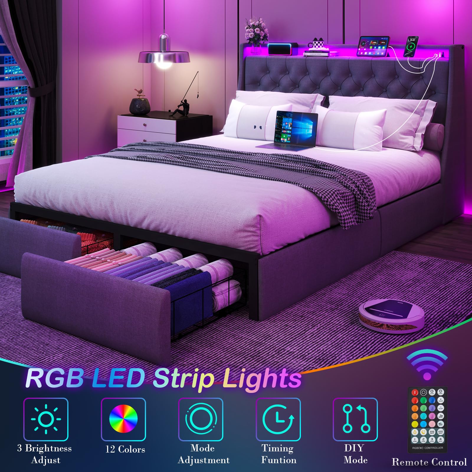 Queen Bed Frame with 2 Storage Drawers, Platform Bed Frame Queen Size with LED Light, Upholstered Headboard, Charging Station, Steel Slat Support, No Box Spring Needed, Noise-Free, Easy Assembly, Gray: Full Button Tuffed & 2 Drawers