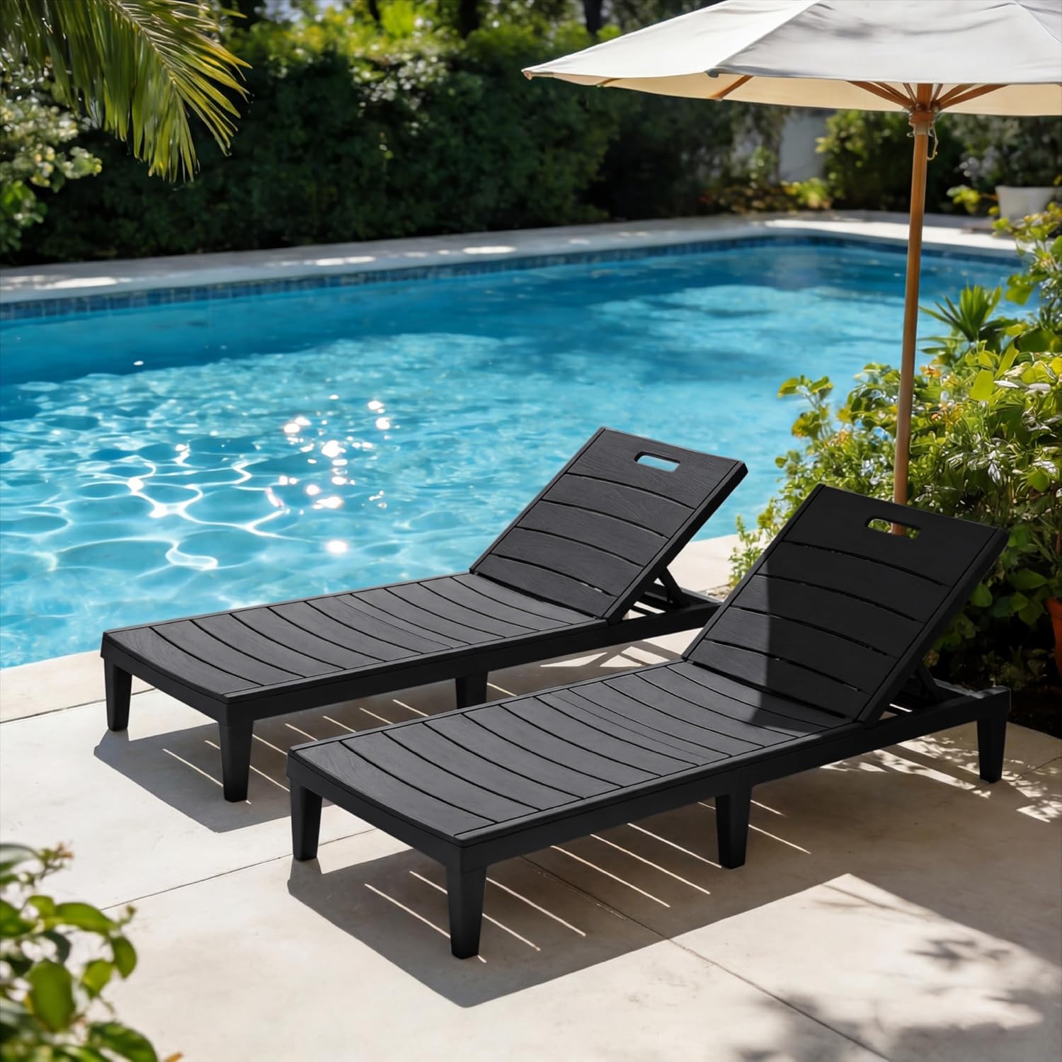 Greesum Outdoor Chaise Lounge Chair Set of 2, Waterproof 5-Position Adjustable PP Sun Loungers for Patio, Poolside, and Beach Sunbathing, Black