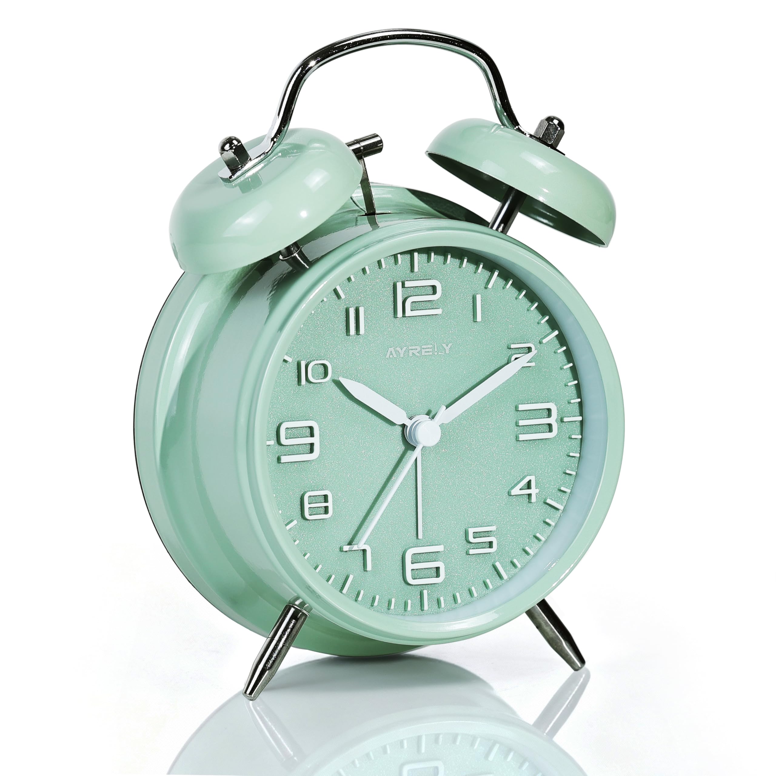 AYRELY® Loud Alarm Clock for Heavy Sleepers, Retro Twin Bell Design, 4-Inch Silent Analogue Clock with Pearl Dial and Night Light, Battery Operated Bedside or Desk Clock (3D Dial–Green)