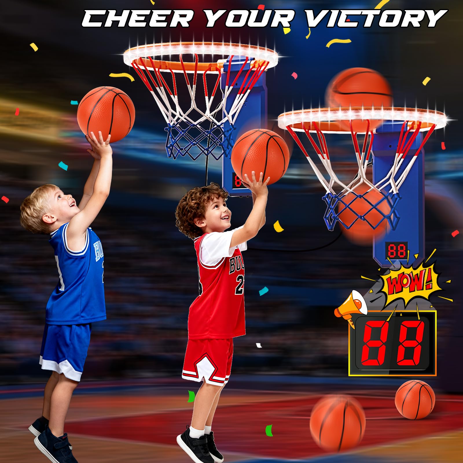 TERRAMUS Indoor Mini Basketball Hoop for Kids 2 PCS Basketball Hoops with LED Scoring & Sound - Image 3