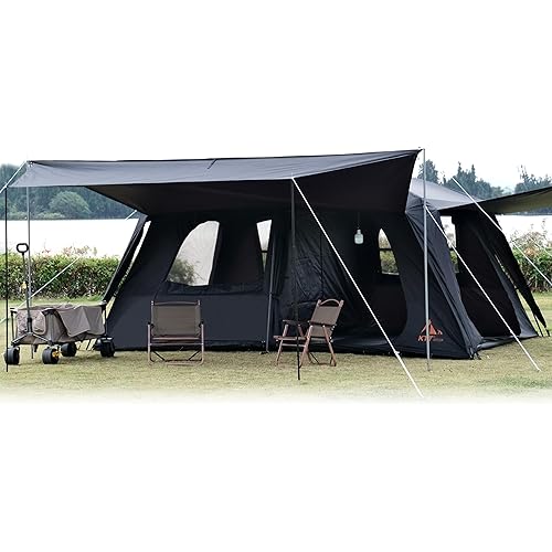 KTT Extra Large Tent 12 Person,Family Cabin Tents,Awning,2 Rooms,4 Doors and 4 Windows with Mesh,Straight Wall,Waterproof,Double Layer,Big Tent for Outdoor,Picnic,Camping,Family Gathering