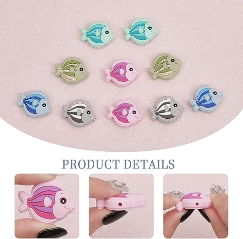 Miniatura 5 de CHGCRAFT 10 cuentas de silicona en forma de pez de 5 colores para bricolaje, collares, pulseras, llaveros para hacer manualidades hechas a mano,