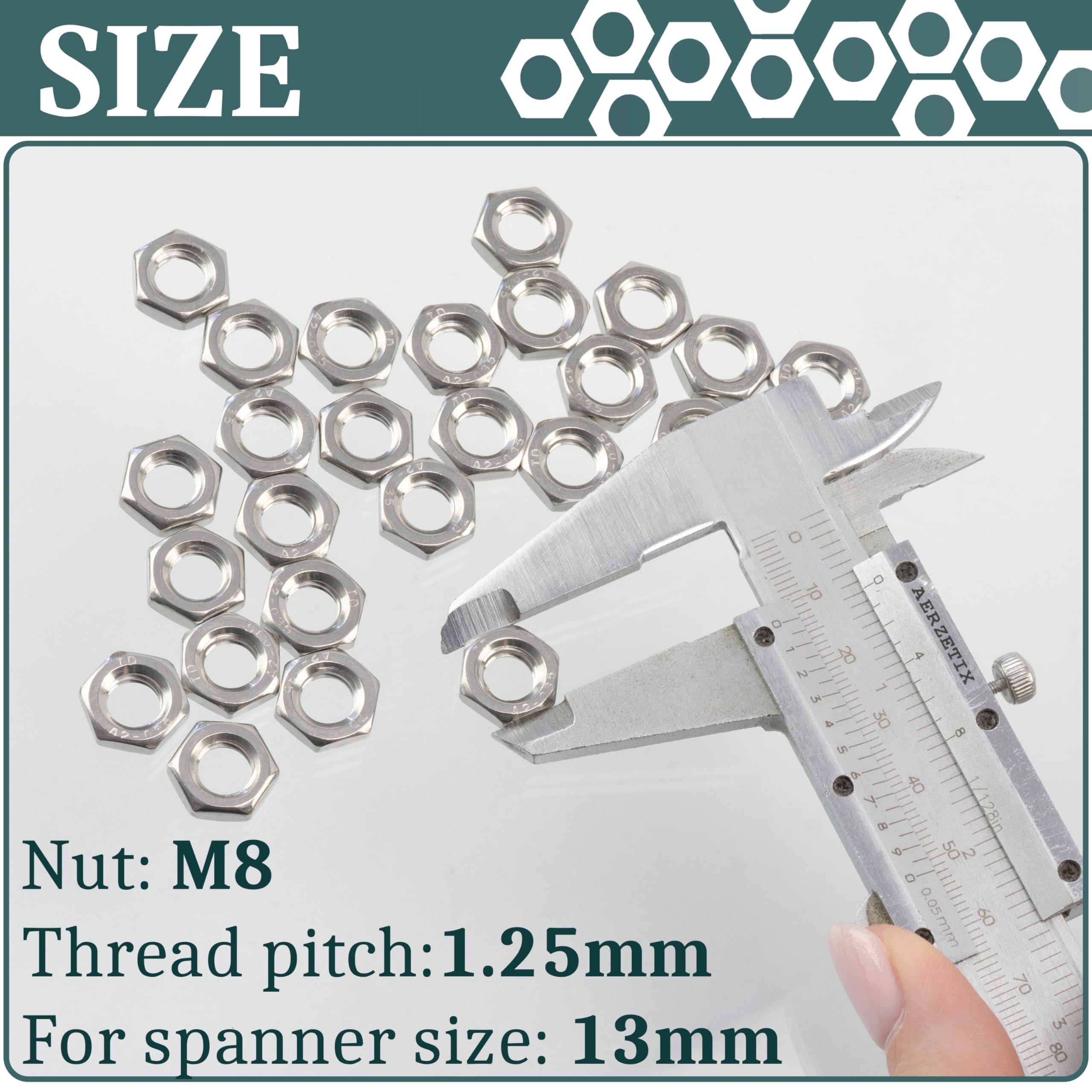 AERZETIX Set di 25 dadi esagonali a profilo basso M8x1.25 mm acciaio argento